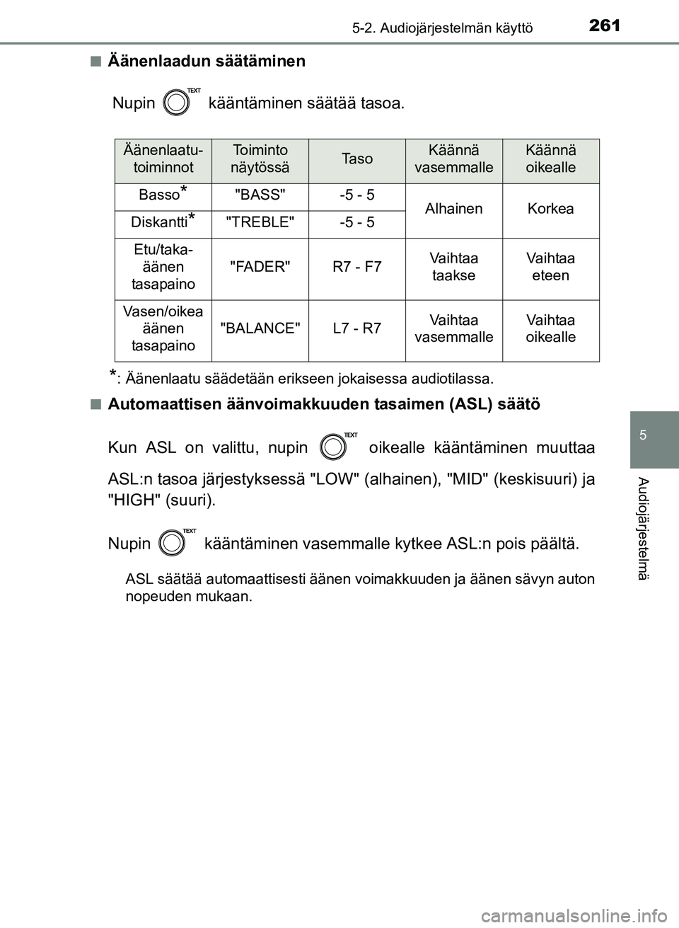 TOYOTA YARIS 2017  Omistajan Käsikirja (in Finnish) 2615-2. Audiojärjestelmän käyttö
5
Audiojärjestelmä
OM52J20FIn
Äänenlaadun säätäminen
Nupin   kääntäminen säätää tasoa.
*: Äänenlaatu säädetään erikseen jokaisessa audiotilassa