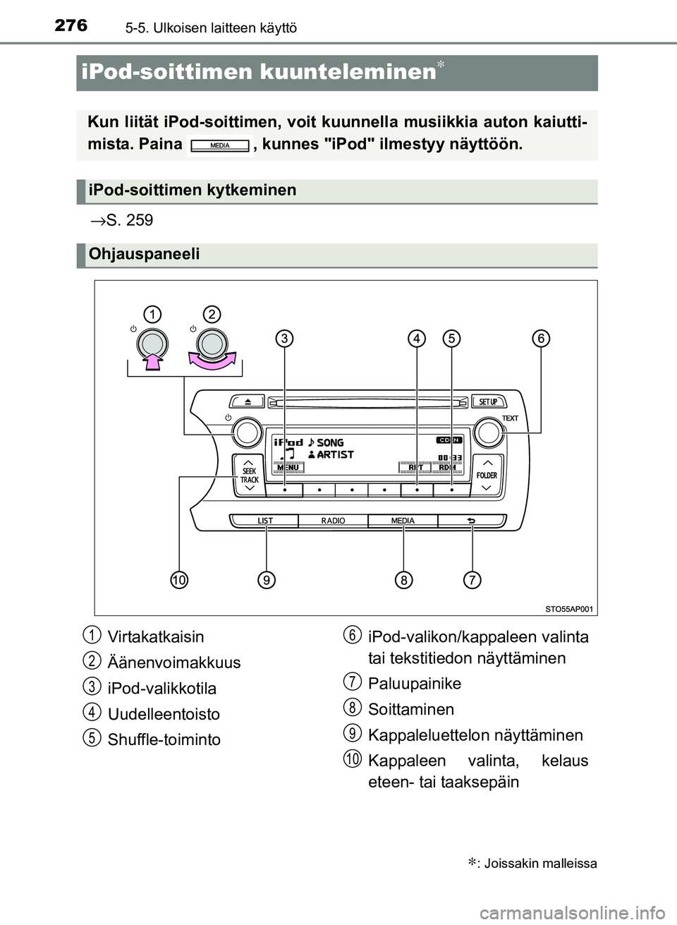 TOYOTA YARIS 2017  Omistajan Käsikirja (in Finnish) 2765-5. Ulkoisen laitteen käyttö
OM52J20FI
iPod-soittimen kuunteleminen∗
→S. 259
∗: Joissakin malleissa
Kun liität iPod-soittime n, voit kuunnella musiikkia auton kaiutti-
mista. Paina  , kun