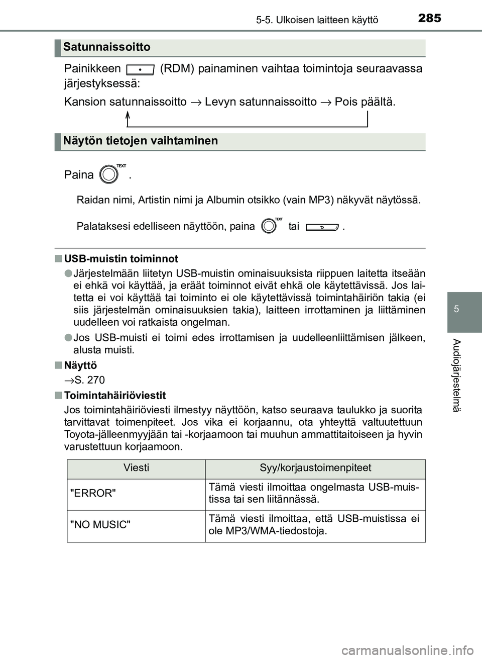 TOYOTA YARIS 2017  Omistajan Käsikirja (in Finnish) 2855-5. Ulkoisen laitteen käyttö
5
Audiojärjestelmä
OM52J20FI
Painikkeen  (RDM) painaminen vaihtaa toimintoja seuraavassa
järjestyksessä:
Kansion satunnaissoitto  → Levyn satunnaissoitto  → 