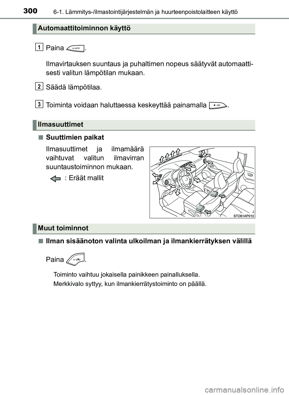 TOYOTA YARIS 2017  Omistajan Käsikirja (in Finnish) 3006-1. Lämmitys-/ilmastointijärjestelmän ja huurteenpoistolaitteen käyttö
OM52J20FI
Paina .
Ilmavirtauksen suuntaus ja puhaltimen nopeus säätyvät automaatti-
sesti valitun lämpötilan mukaan