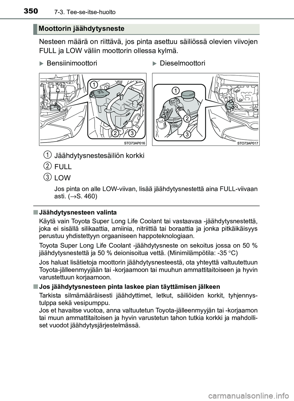 TOYOTA YARIS 2017  Omistajan Käsikirja (in Finnish) 3507-3. Tee-se-itse-huolto
OM52J20FI
Nesteen määrä on riittävä, jos pinta asettuu säiliössä olevien viivojen
FULL ja LOW väliin moottorin ollessa kylmä.Jäähdytysnestesäiliön korkki
FULL
