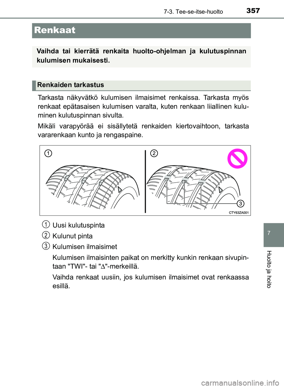 TOYOTA YARIS 2017  Omistajan Käsikirja (in Finnish) 3577-3. Tee-se-itse-huolto
7
Huolto ja hoito
OM52J20FI
Renkaat
Tarkasta näkyvätkö kulumisen ilmaisimet renkaissa. Tarkasta myös
renkaat epätasaisen kulumisen varalt a, kuten renkaan liiallinen ku