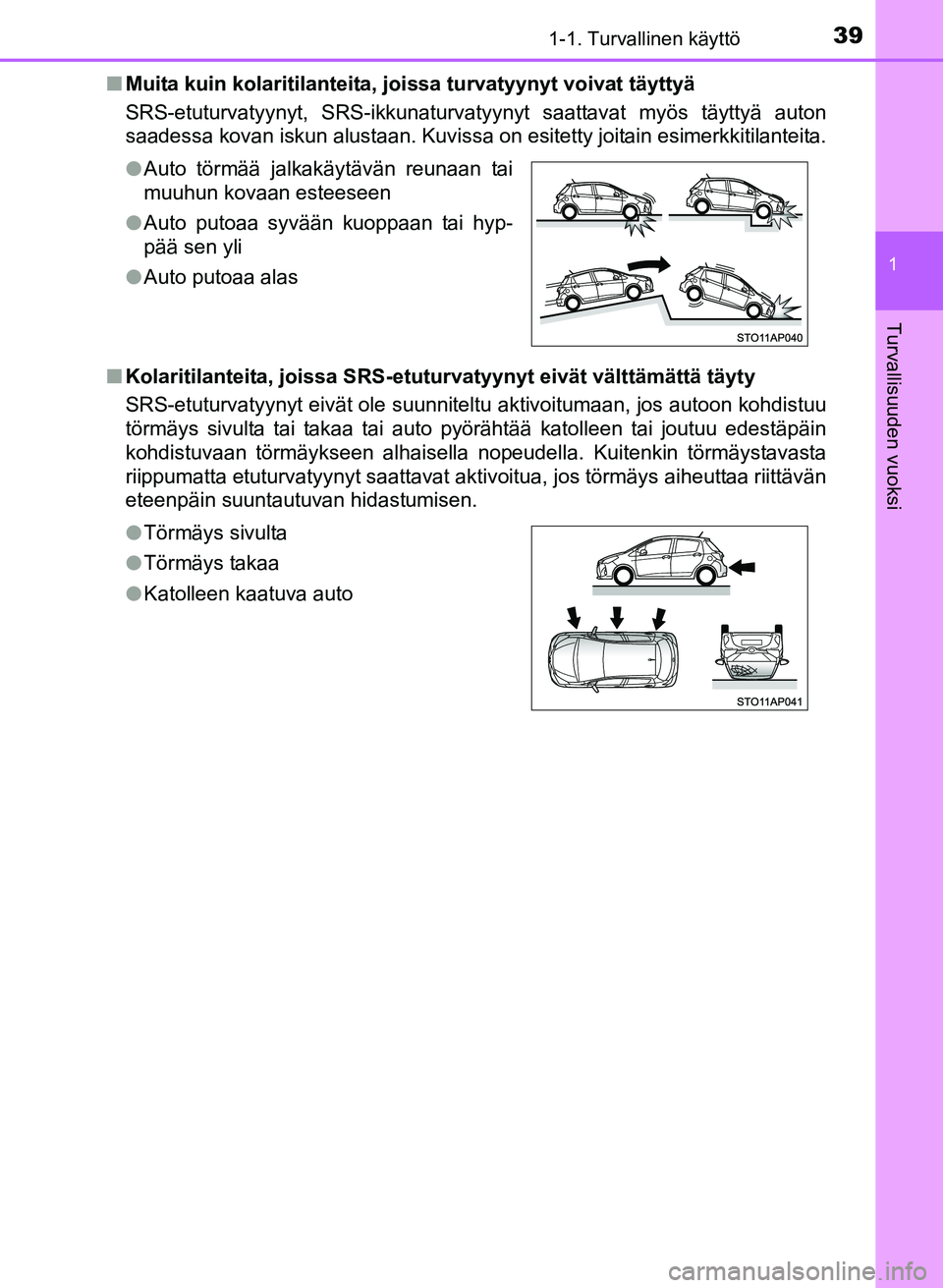 TOYOTA YARIS 2017  Omistajan Käsikirja (in Finnish) 391-1. Turvallinen käyttö
1
Turvallisuuden vuoksi
OM52J20FIn
Muita kuin kolaritilanteita, joi ssa turvatyynyt voivat täyttyä
SRS-etuturvatyynyt, SRS-ikkunaturvatyynyt saattavat myös täyttyä aut