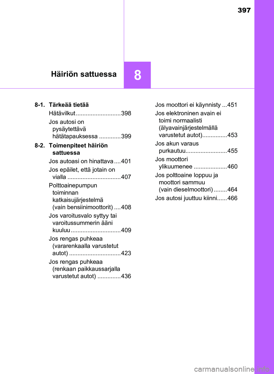 TOYOTA YARIS 2017 Omistajan Käsikirja (in Finnish) 397
8Häiriön sattuessa
OM52J20FI8-1. Tärkeää tietää
Hätävilkut ........................... 398
Jos autosi on pysäytettävä
hätätapauksessa ............. 399
8-2. Toimenpiteet häiriön TOYOTA YARIS 2017 Omistajan Käsikirja (in Finnish) 397
8Häiriön sattuessa
OM52J20FI8-1. Tärkeää tietää
Hätävilkut ........................... 398
Jos autosi on pysäytettävä
hätätapauksessa ............. 399
8-2. Toimenpiteet häiriön