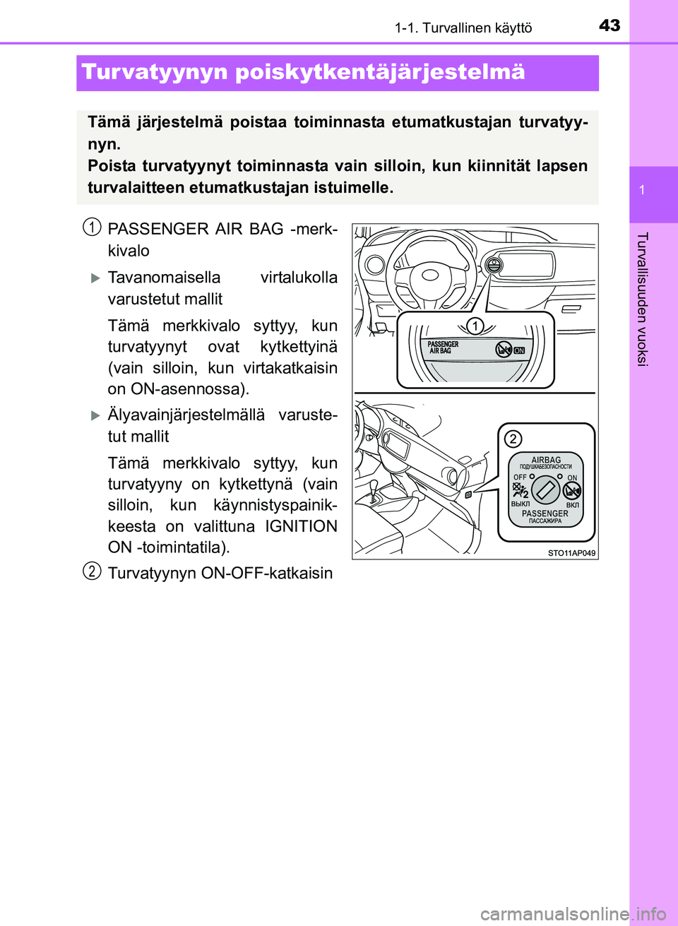 TOYOTA YARIS 2017  Omistajan Käsikirja (in Finnish) 431-1. Turvallinen käyttö
1
Turvallisuuden vuoksi
OM52J20FI
Tur vatyynyn poiskytkentäjärjestelmä
PASSENGER AIR BAG -merk-
kivalo
Tavanomaisella virtalukolla
varustetut mallit
Tämä merkkivalo