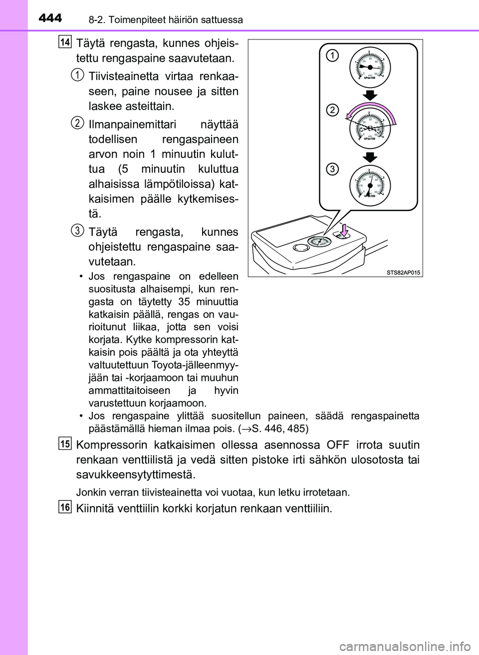 TOYOTA YARIS 2017 Omistajan Käsikirja (in Finnish) 4448-2. Toimenpiteet häiriön sattuessa
OM52J20FI
Täytä rengasta, kunnes ohjeis-
tettu rengaspaine saavutetaan.Tiivisteainetta virtaa renkaa-
seen, paine nousee ja sitten
laskee asteittain.
Ilmanpa TOYOTA YARIS 2017 Omistajan Käsikirja (in Finnish) 4448-2. Toimenpiteet häiriön sattuessa
OM52J20FI
Täytä rengasta, kunnes ohjeis-
tettu rengaspaine saavutetaan.Tiivisteainetta virtaa renkaa-
seen, paine nousee ja sitten
laskee asteittain.
Ilmanpa