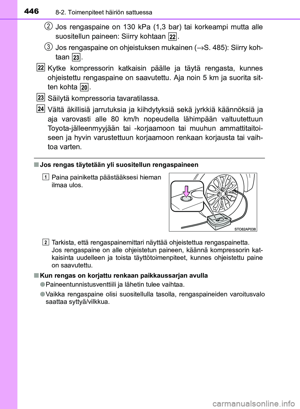TOYOTA YARIS 2017 Omistajan Käsikirja (in Finnish) 4468-2. Toimenpiteet häiriön sattuessa
OM52J20FI
Jos rengaspaine on 130 kPa (1,3 bar) tai korkeampi mutta alle
suositellun paineen: Siirry kohtaan .
Jos rengaspaine on ohjeistuksen mukainen (→S. TOYOTA YARIS 2017 Omistajan Käsikirja (in Finnish) 4468-2. Toimenpiteet häiriön sattuessa
OM52J20FI
Jos rengaspaine on 130 kPa (1,3 bar) tai korkeampi mutta alle
suositellun paineen: Siirry kohtaan .
Jos rengaspaine on ohjeistuksen mukainen (→S.
