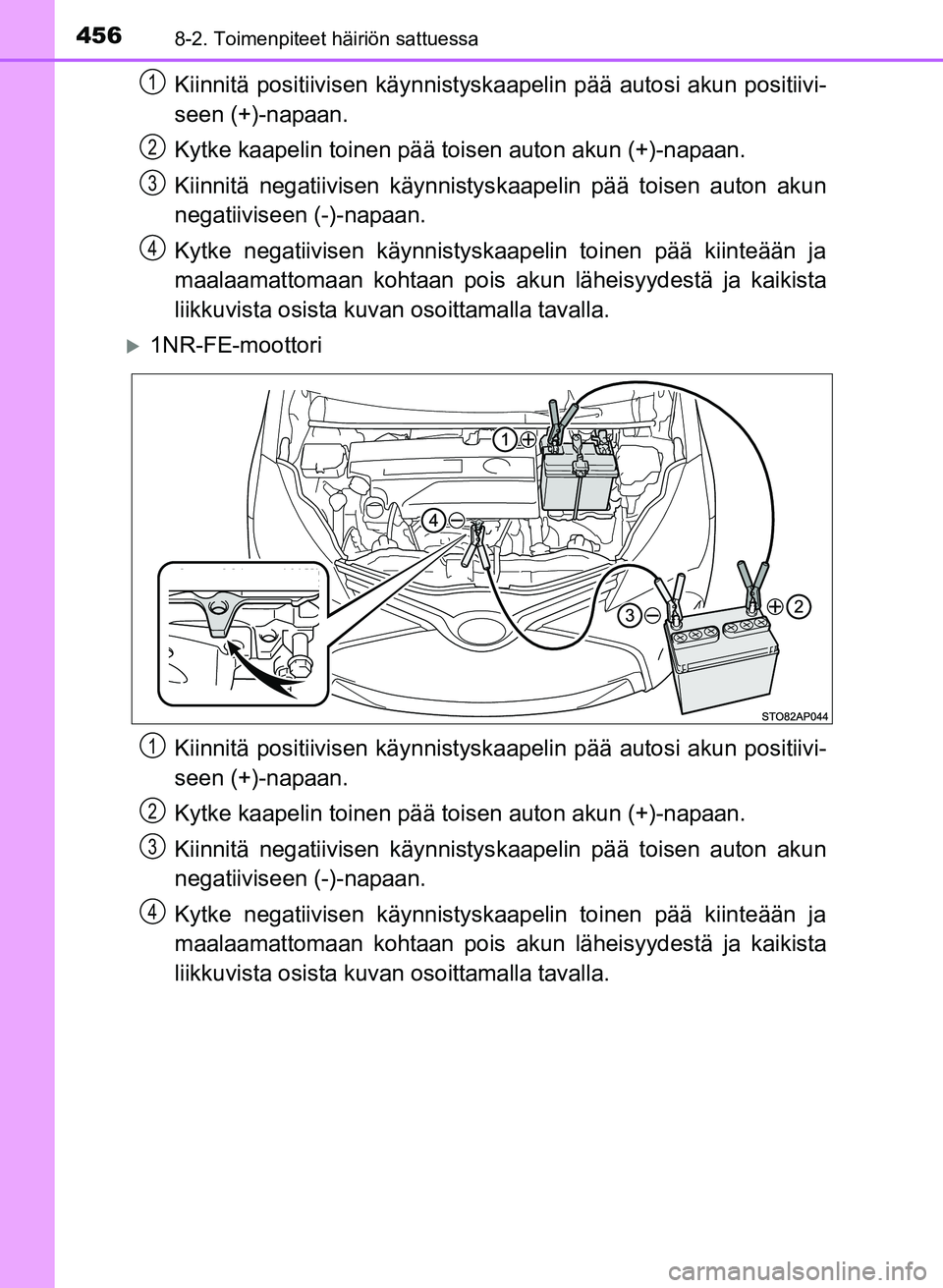 TOYOTA YARIS 2017 Omistajan Käsikirja (in Finnish) 4568-2. Toimenpiteet häiriön sattuessa
OM52J20FI
Kiinnitä positiivisen käynnistyskaapelin pää autosi akun positiivi-
seen (+)-napaan.
Kytke kaapelin toinen pää toisen auton akun (+)-napaan.
Ki TOYOTA YARIS 2017 Omistajan Käsikirja (in Finnish) 4568-2. Toimenpiteet häiriön sattuessa
OM52J20FI
Kiinnitä positiivisen käynnistyskaapelin pää autosi akun positiivi-
seen (+)-napaan.
Kytke kaapelin toinen pää toisen auton akun (+)-napaan.
Ki