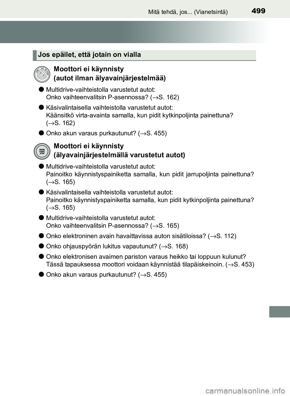 TOYOTA YARIS 2017 Omistajan Käsikirja (in Finnish) 499Mitä tehdä, jos... (Vianetsintä)
OM52J20FI
lMultidrive-vaihteistolla varustetut autot:
Onko vaihteenvalitsin P-asennossa? (→S. 162)
lKäsivalintaisella vaihteistolla varustetut autot:
Kään TOYOTA YARIS 2017 Omistajan Käsikirja (in Finnish) 499Mitä tehdä, jos... (Vianetsintä)
OM52J20FI
lMultidrive-vaihteistolla varustetut autot:
Onko vaihteenvalitsin P-asennossa? (→S. 162)
lKäsivalintaisella vaihteistolla varustetut autot:
Kään