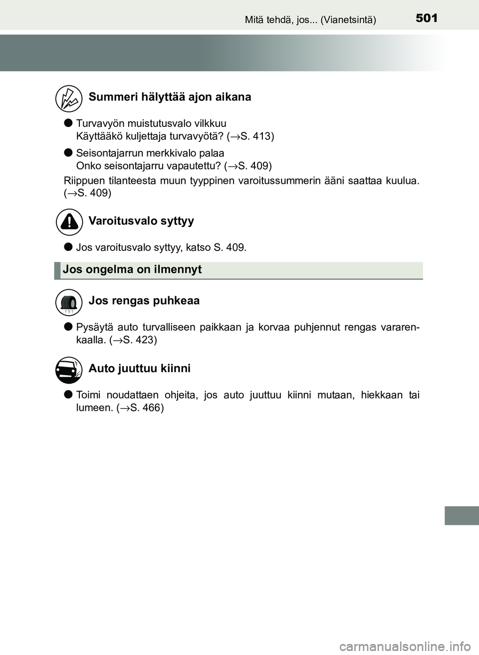 TOYOTA YARIS 2017 Omistajan Käsikirja (in Finnish) 501Mitä tehdä, jos... (Vianetsintä)
OM52J20FI
lTurvavyön muistutusvalo vilkkuu
Käyttääkö kuljettaja turvavyötä? (→S. 413)
lSeisontajarrun merkkivalo palaa
Onko seisontajarru vapautettu? TOYOTA YARIS 2017 Omistajan Käsikirja (in Finnish) 501Mitä tehdä, jos... (Vianetsintä)
OM52J20FI
lTurvavyön muistutusvalo vilkkuu
Käyttääkö kuljettaja turvavyötä? (→S. 413)
lSeisontajarrun merkkivalo palaa
Onko seisontajarru vapautettu?