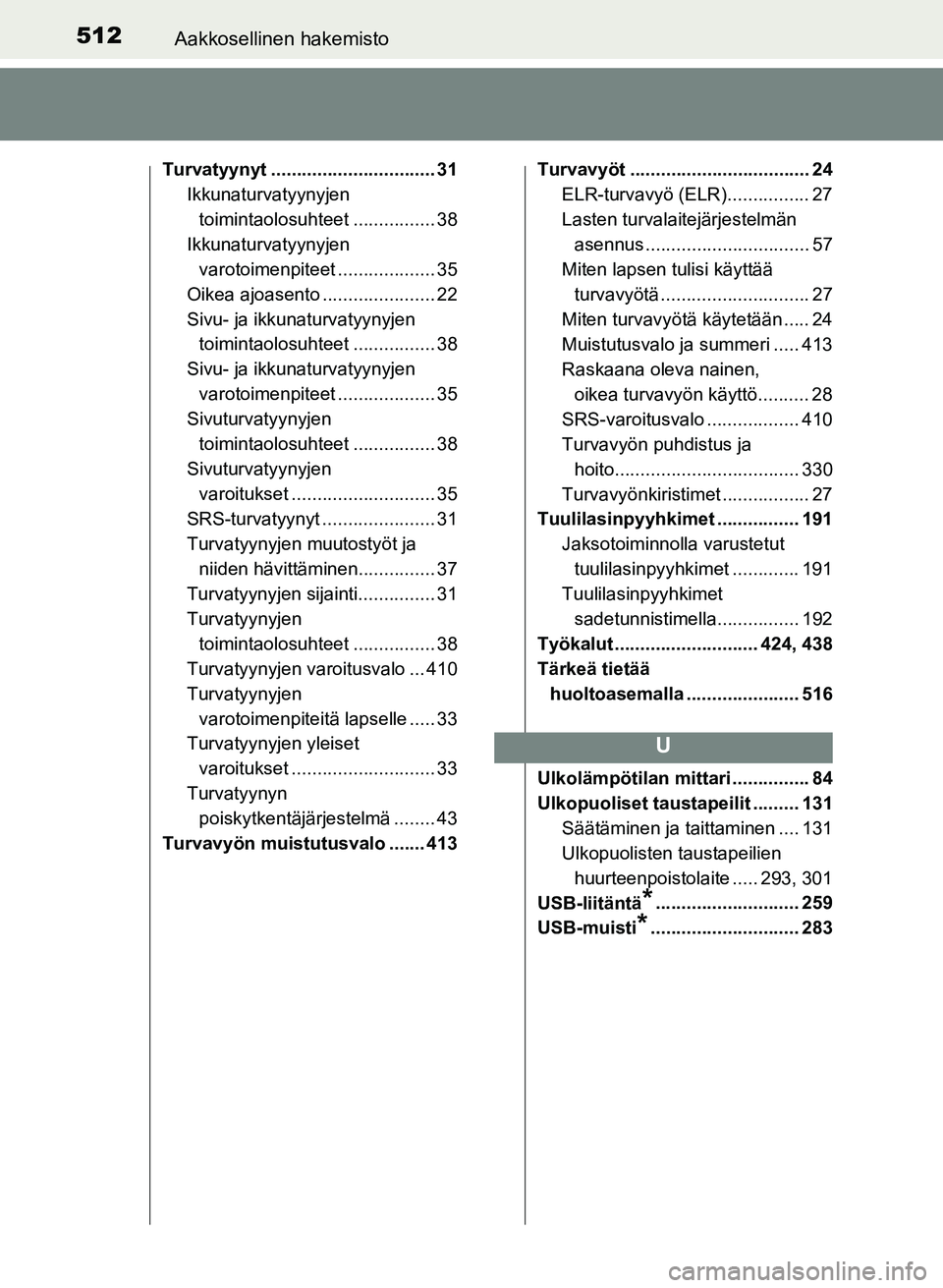 TOYOTA YARIS 2017  Omistajan Käsikirja (in Finnish) 512Aakkosellinen hakemisto
OM52J20FI
Turvatyynyt ................................ 31Ikkunaturvatyynyjen 
toimintaolosuhteet ................ 38
Ikkunaturvatyynyjen  varotoimenpiteet ..................