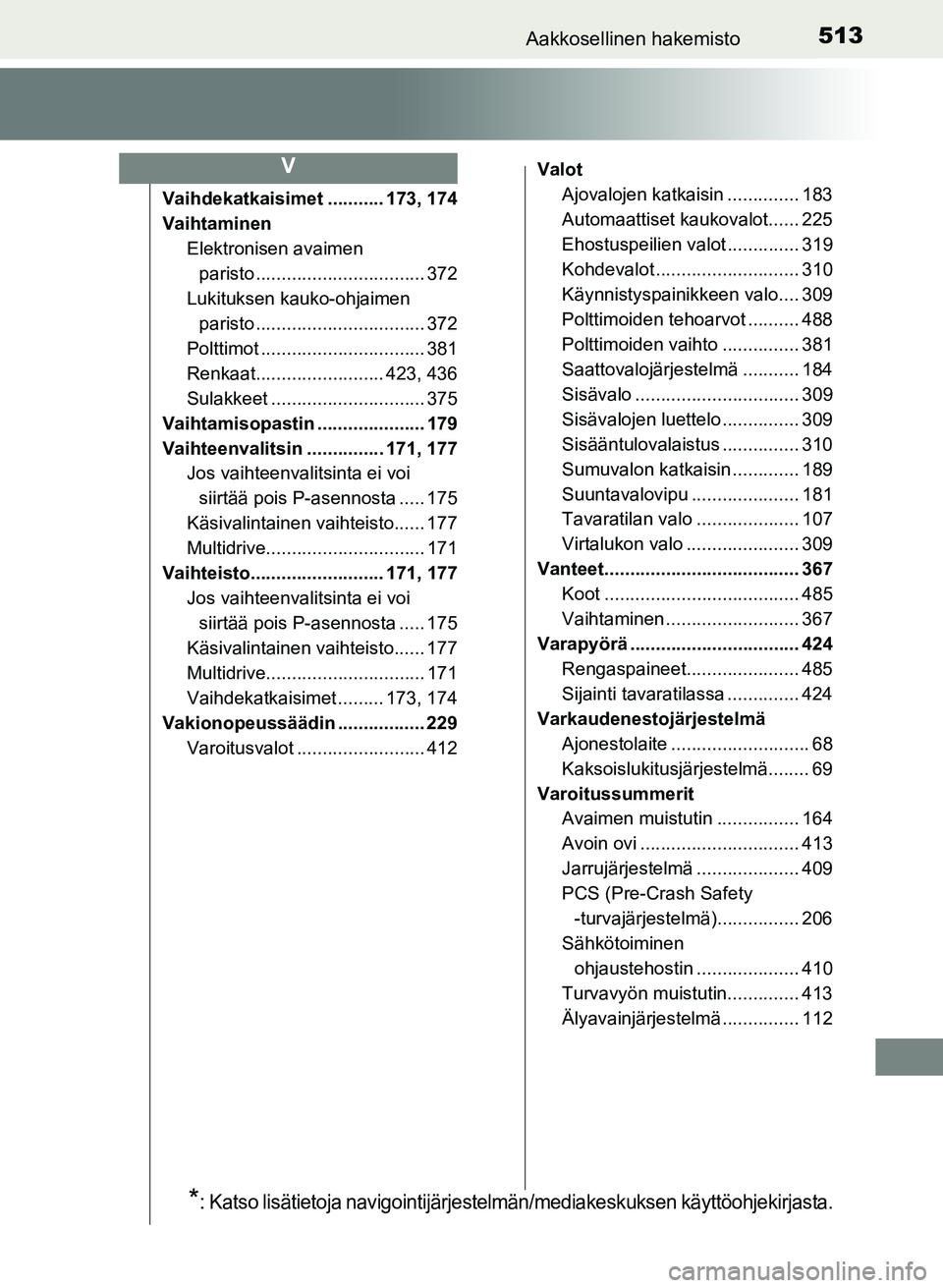 TOYOTA YARIS 2017  Omistajan Käsikirja (in Finnish) 513Aakkosellinen hakemisto
OM52J20FI
Vaihdekatkaisimet ........... 173, 174
VaihtaminenElektronisen avaimen paristo ................................. 372
Lukituksen kauko-ohjaimen 
paristo ...........