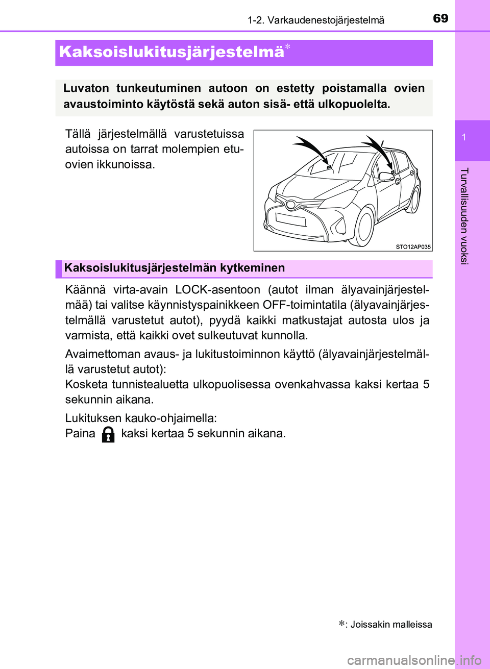 TOYOTA YARIS 2017 Omistajan Käsikirja (in Finnish) 69
1
1-2. Varkaudenestojärjestelmä
Turvallisuuden vuoksi
OM52J20FI
Kaksoislukitusjärjestelmä∗
Tällä järjestelmällä varustetuissa
autoissa on tarrat molempien etu-
ovien ikkunoissa.
Käänn TOYOTA YARIS 2017 Omistajan Käsikirja (in Finnish) 69
1
1-2. Varkaudenestojärjestelmä
Turvallisuuden vuoksi
OM52J20FI
Kaksoislukitusjärjestelmä∗
Tällä järjestelmällä varustetuissa
autoissa on tarrat molempien etu-
ovien ikkunoissa.
Käänn