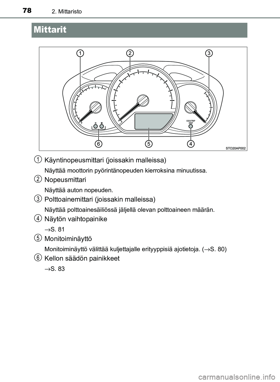 TOYOTA YARIS 2017 Omistajan Käsikirja (in Finnish) 782. Mittaristo
OM52J20FI
Mittarit
Käyntinopeusmittari (joissakin malleissa)
Näyttää moottorin pyörintänopeuden kierroksina minuutissa.
Nopeusmittari
Näyttää auton nopeuden.
Polttoainemittari TOYOTA YARIS 2017 Omistajan Käsikirja (in Finnish) 782. Mittaristo
OM52J20FI
Mittarit
Käyntinopeusmittari (joissakin malleissa)
Näyttää moottorin pyörintänopeuden kierroksina minuutissa.
Nopeusmittari
Näyttää auton nopeuden.
Polttoainemittari