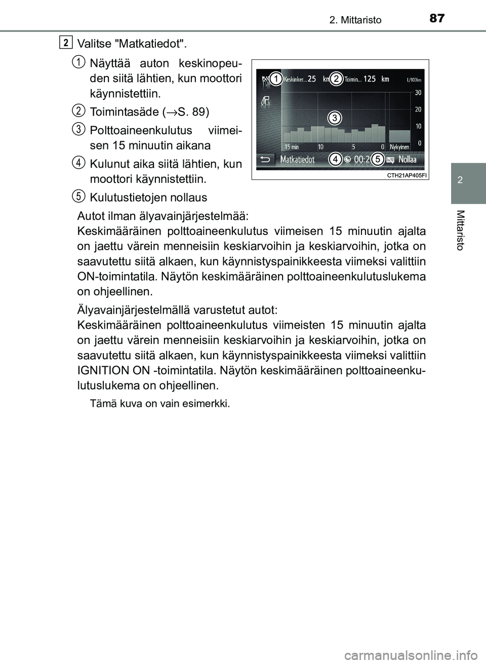 TOYOTA YARIS 2017 Omistajan Käsikirja (in Finnish) 872. Mittaristo
2
Mittaristo
OM52J20FI
Valitse "Matkatiedot".Näyttää auton keskinopeu-
den siitä lähtien, kun moottori
käynnistettiin.
Toimintasäde ( →S. 89)
Polttoaineenkulutus viimei-
sen 1 TOYOTA YARIS 2017 Omistajan Käsikirja (in Finnish) 872. Mittaristo
2
Mittaristo
OM52J20FI
Valitse "Matkatiedot".Näyttää auton keskinopeu-
den siitä lähtien, kun moottori
käynnistettiin.
Toimintasäde ( →S. 89)
Polttoaineenkulutus viimei-
sen 1