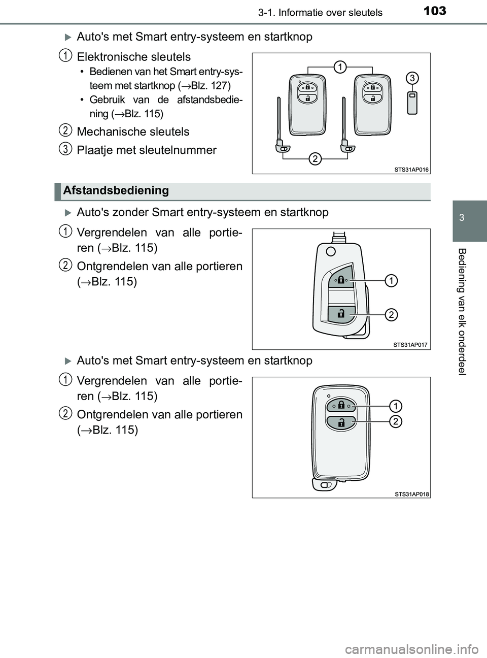 TOYOTA YARIS 2017 Instructieboekje (in Dutch) 1033-1. Informatie over sleutels
3
Bediening van elk onderdeel
YARIS_F_OM_Europe_OM52J20E
Auto's met Smart entry-systeem en startknop
Elektronische sleutels
• Bedienen van het Smart entry-sys TOYOTA YARIS 2017 Instructieboekje (in Dutch) 1033-1. Informatie over sleutels
3
Bediening van elk onderdeel
YARIS_F_OM_Europe_OM52J20E
Auto's met Smart entry-systeem en startknop
Elektronische sleutels
• Bedienen van het Smart entry-sys