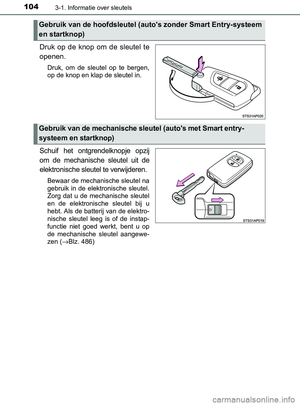 TOYOTA YARIS 2017 Instructieboekje (in Dutch) 1043-1. Informatie over sleutels
YARIS_F_OM_Europe_OM52J20E
Druk op de knop om de sleutel te
openen.
Druk, om de sleutel op te bergen,
op de knop en klap de sleutel in.
Schuif het ontgr TOYOTA YARIS 2017 Instructieboekje (in Dutch) 1043-1. Informatie over sleutels
YARIS_F_OM_Europe_OM52J20E
Druk op de knop om de sleutel te
openen.
Druk, om de sleutel op te bergen,
op de knop en klap de sleutel in.
Schuif het ontgr