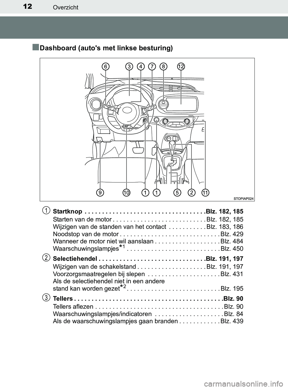 TOYOTA YARIS 2017 Instructieboekje (in Dutch) 12Overzicht
YARIS_F_OM_Europe_OM52J20E
■Dashboard (auto's met linkse besturing)
Startknop . . . . . . . . . . . . . . . . . . . . . . . . . . . . . . . . . . .Blz. 182, 185
Starten van de motor TOYOTA YARIS 2017 Instructieboekje (in Dutch) 12Overzicht
YARIS_F_OM_Europe_OM52J20E
■Dashboard (auto's met linkse besturing)
Startknop . . . . . . . . . . . . . . . . . . . . . . . . . . . . . . . . . . .Blz. 182, 185
Starten van de motor