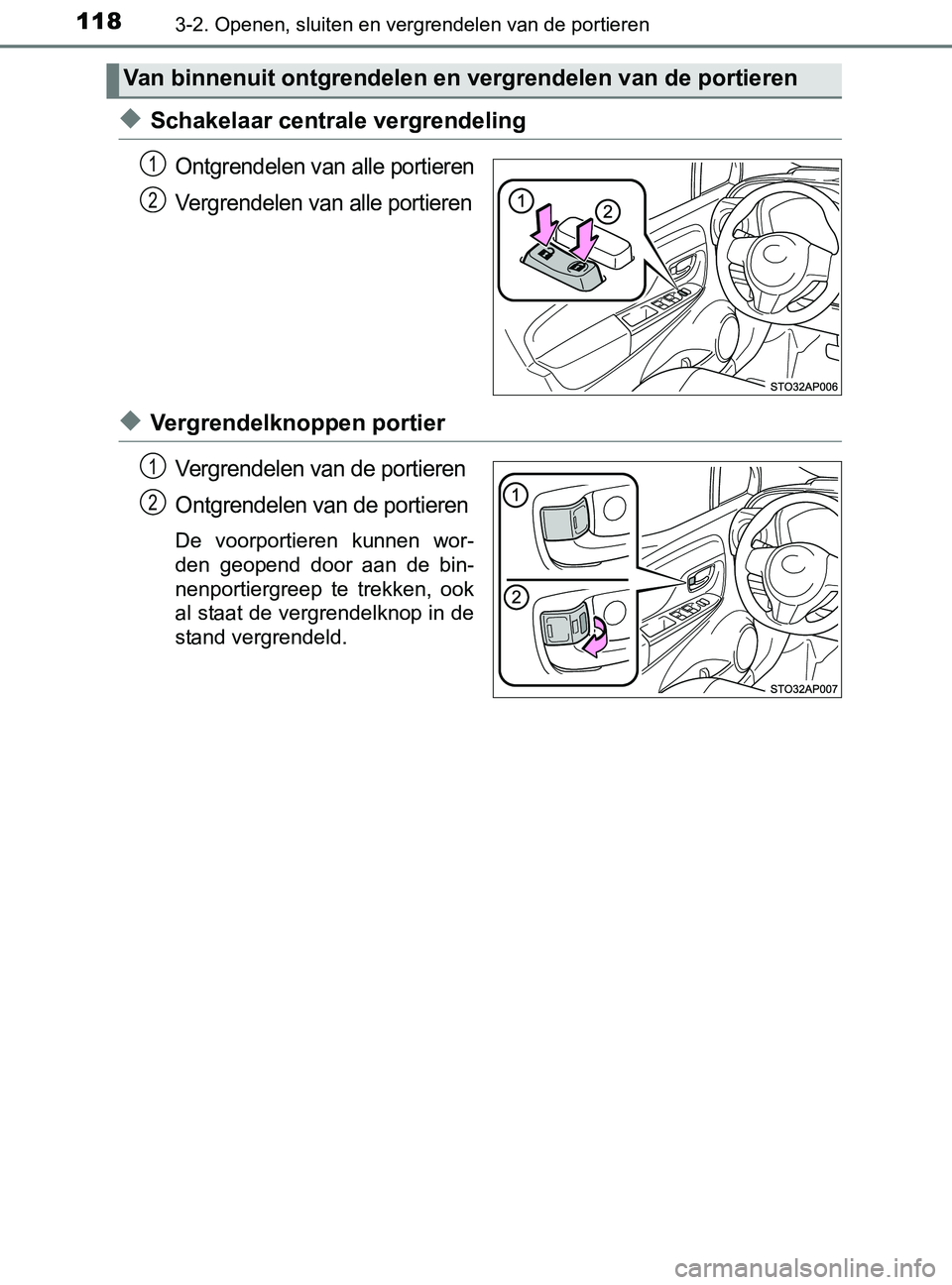 TOYOTA YARIS 2017 Instructieboekje (in Dutch) 1183-2. Openen, sluiten en vergrendelen van de portieren
YARIS_F_OM_Europe_OM52J20E
◆Schakelaar centrale vergrendeling
Ontgrendelen van alle portieren
Vergrendelen van alle portieren
◆Vergrendelkn TOYOTA YARIS 2017 Instructieboekje (in Dutch) 1183-2. Openen, sluiten en vergrendelen van de portieren
YARIS_F_OM_Europe_OM52J20E
◆Schakelaar centrale vergrendeling
Ontgrendelen van alle portieren
Vergrendelen van alle portieren
◆Vergrendelkn