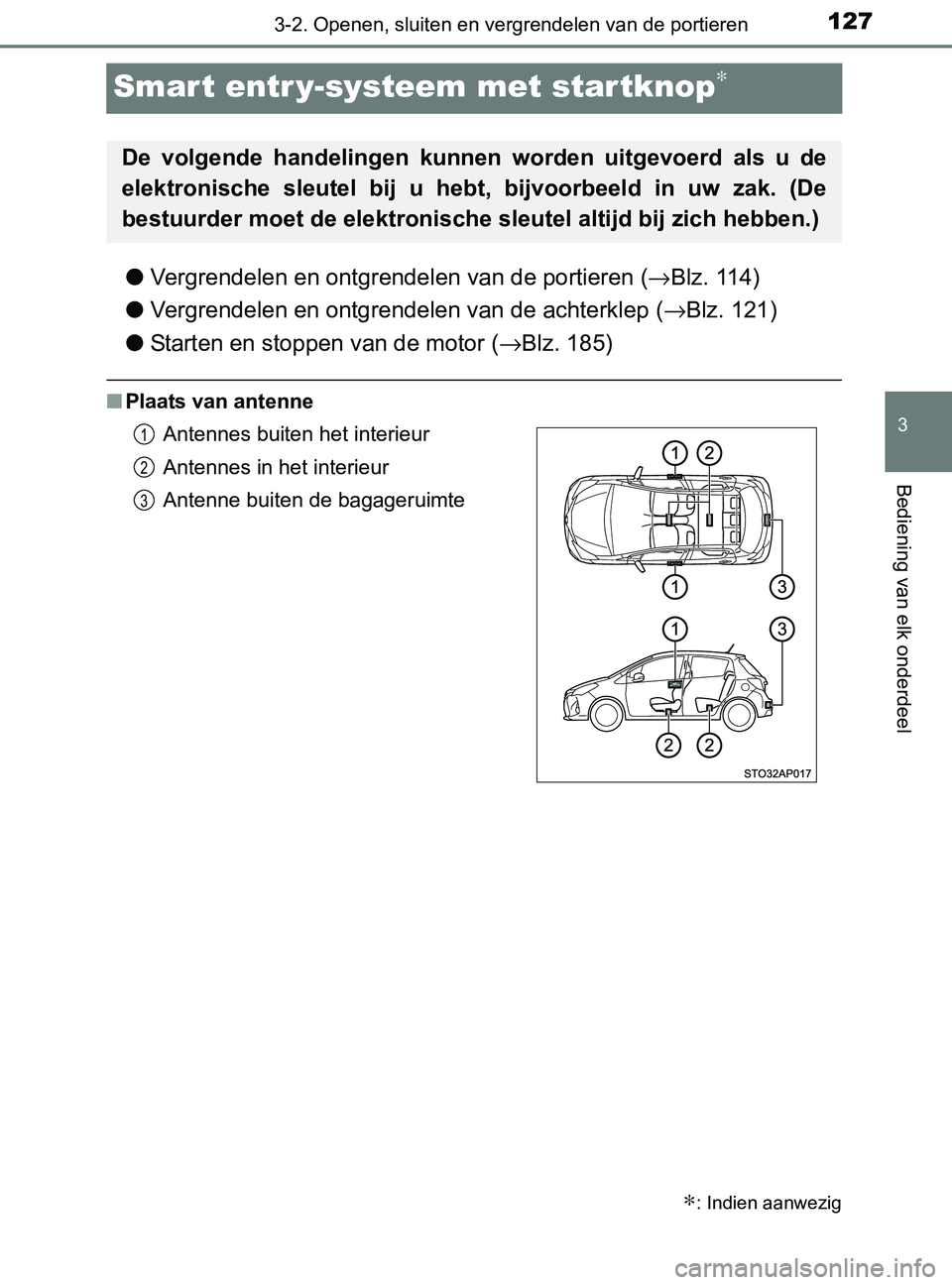 TOYOTA YARIS 2017 Instructieboekje (in Dutch) 127
3
3-2. Openen, sluiten en vergrendelen van de portieren
Bediening van elk onderdeel
YARIS_F_OM_Europe_OM52J20E
Smart entr y-systeem met startknop∗
●Vergrendelen en ontgrendelen van de portiere TOYOTA YARIS 2017 Instructieboekje (in Dutch) 127
3
3-2. Openen, sluiten en vergrendelen van de portieren
Bediening van elk onderdeel
YARIS_F_OM_Europe_OM52J20E
Smart entr y-systeem met startknop∗
●Vergrendelen en ontgrendelen van de portiere