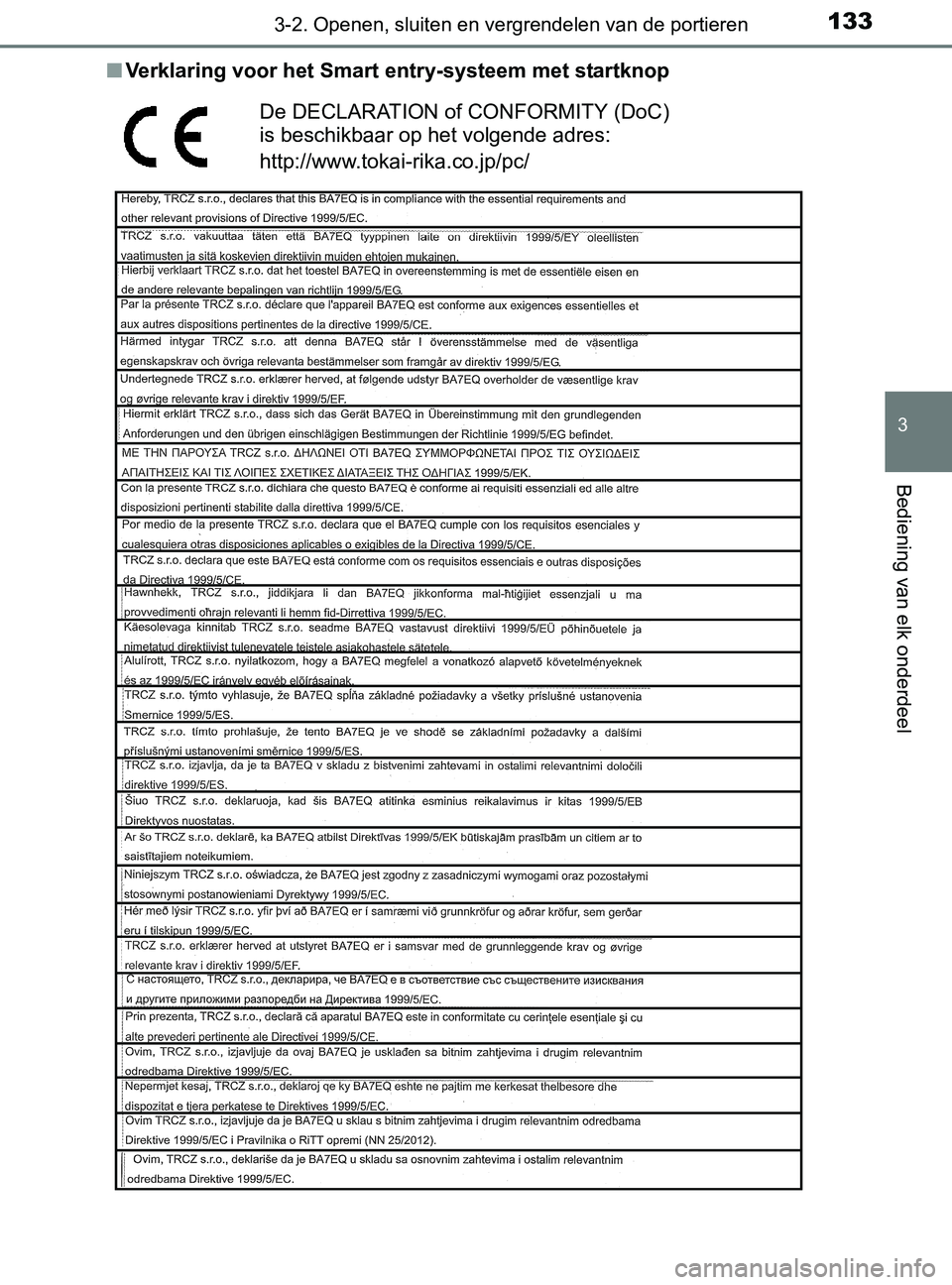 TOYOTA YARIS 2017 Instructieboekje (in Dutch) 1333-2. Openen, sluiten en vergrendelen van de portieren
3
Bediening van elk onderdeel
YARIS_F_OM_Europe_OM52J20E■Verklaring voor het Smart entry-systeem met startknop
De DECLARATION of CONFORMITY ( TOYOTA YARIS 2017 Instructieboekje (in Dutch) 1333-2. Openen, sluiten en vergrendelen van de portieren
3
Bediening van elk onderdeel
YARIS_F_OM_Europe_OM52J20E■Verklaring voor het Smart entry-systeem met startknop
De DECLARATION of CONFORMITY (