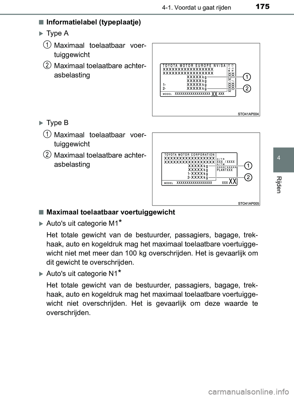 TOYOTA YARIS 2017 Instructieboekje (in Dutch) 1754-1. Voordat u gaat rijden
4
Rijden
YARIS_F_OM_Europe_OM52J20E■
Informatielabel (typeplaatje)
Ty p e A
Maximaal toelaatbaar voer-
tuiggewicht
Maximaal toelaatbare achter-
asbelasting
Ty TOYOTA YARIS 2017 Instructieboekje (in Dutch) 1754-1. Voordat u gaat rijden
4
Rijden
YARIS_F_OM_Europe_OM52J20E■
Informatielabel (typeplaatje)
Ty p e A
Maximaal toelaatbaar voer-
tuiggewicht
Maximaal toelaatbare achter-
asbelasting
Ty