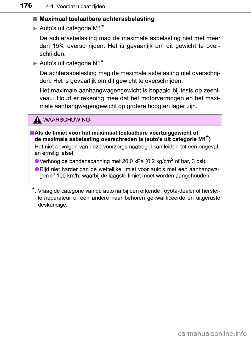 TOYOTA YARIS 2017 Instructieboekje (in Dutch) 1764-1. Voordat u gaat rijden
YARIS_F_OM_Europe_OM52J20E■
Maximaal toelaatbare achterasbelasting
Auto's uit categorie M1*
De achterasbelasting mag de maximale asbelasting niet met meer
da TOYOTA YARIS 2017 Instructieboekje (in Dutch) 1764-1. Voordat u gaat rijden
YARIS_F_OM_Europe_OM52J20E■
Maximaal toelaatbare achterasbelasting
Auto's uit categorie M1*
De achterasbelasting mag de maximale asbelasting niet met meer
da