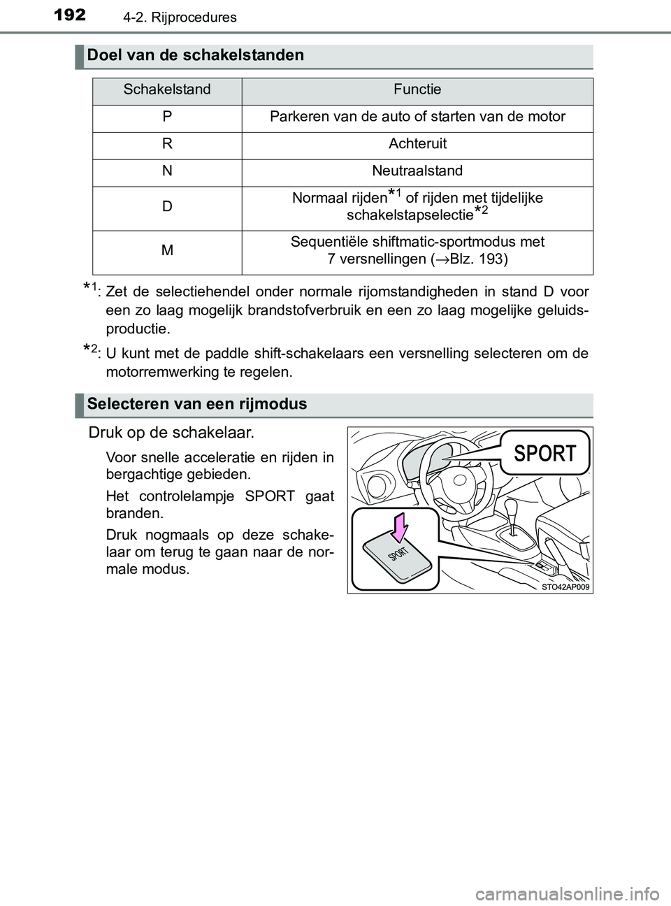 TOYOTA YARIS 2017 Instructieboekje (in Dutch) 1924-2. Rijprocedures
YARIS_F_OM_Europe_OM52J20E
*1: Zet de selectiehendel onder normale rijomstandigheden in stand D voor
een zo laag mogelijk brandstofverbruik en een zo laag mogel TOYOTA YARIS 2017 Instructieboekje (in Dutch) 1924-2. Rijprocedures
YARIS_F_OM_Europe_OM52J20E
*1: Zet de selectiehendel onder normale rijomstandigheden in stand D voor
een zo laag mogelijk brandstofverbruik en een zo laag mogel