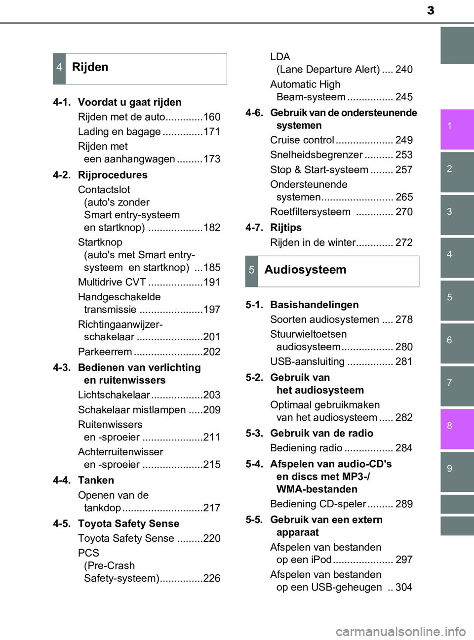 TOYOTA YARIS 2017 Instructieboekje (in Dutch) 3
1
7
8 6 5
4
3
2
9
YARIS_F_OM_Europe_OM52J20E4-1. Voordat u gaat rijden
Rijden met de auto.............160
Lading en bagage ..............171
Rijden met
een aanhangwagen .........173
4-2. Rijprocedu TOYOTA YARIS 2017 Instructieboekje (in Dutch) 3
1
7
8 6 5
4
3
2
9
YARIS_F_OM_Europe_OM52J20E4-1. Voordat u gaat rijden
Rijden met de auto.............160
Lading en bagage ..............171
Rijden met
een aanhangwagen .........173
4-2. Rijprocedu