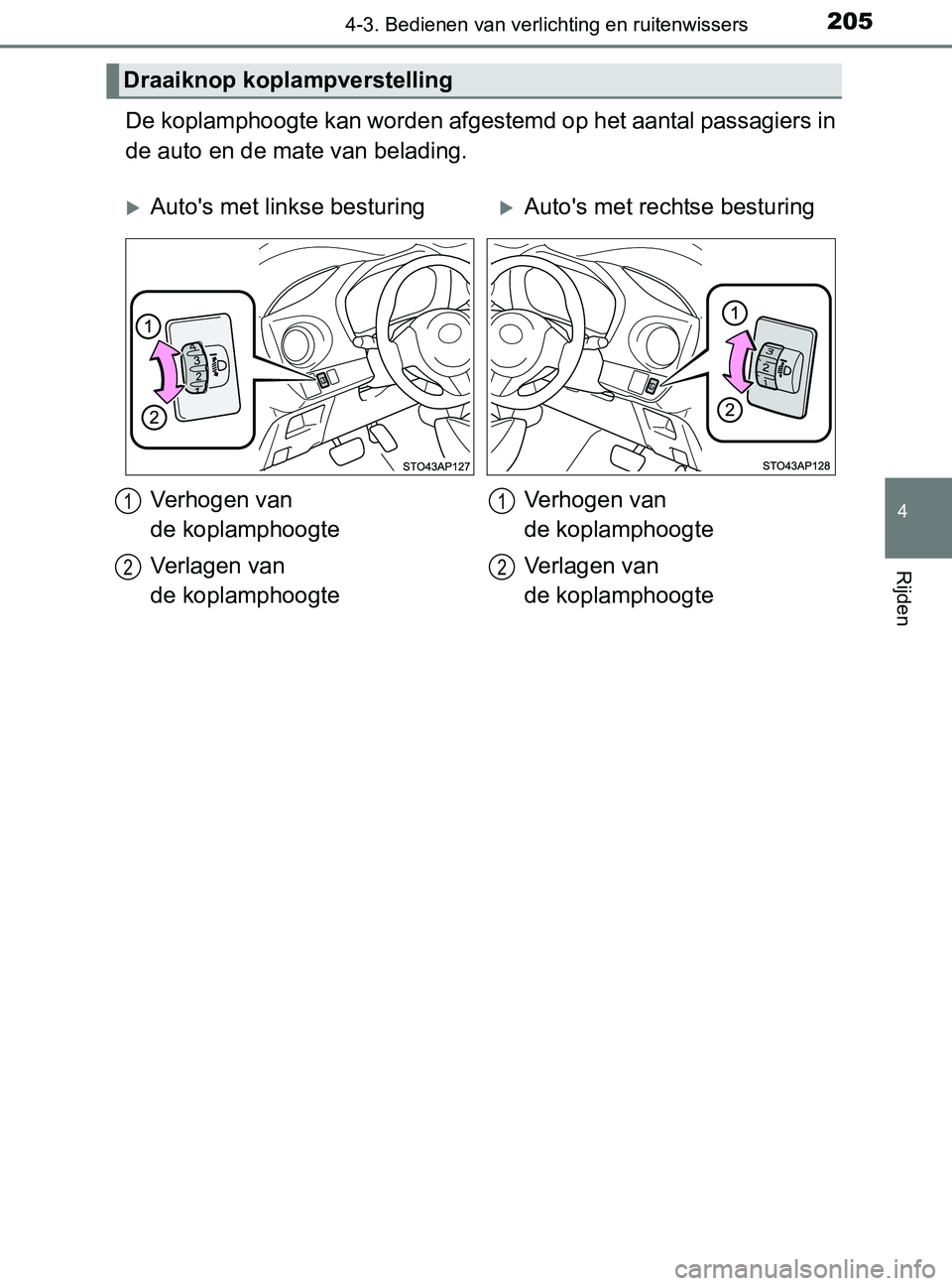 TOYOTA YARIS 2017 Instructieboekje (in Dutch) 2054-3. Bedienen van verlichting en ruitenwissers
4
Rijden
YARIS_F_OM_Europe_OM52J20E
De koplamphoogte kan worden afgestemd op het aantal passagiers in
de auto en de mate van belading.
Draaiknop kopla TOYOTA YARIS 2017 Instructieboekje (in Dutch) 2054-3. Bedienen van verlichting en ruitenwissers
4
Rijden
YARIS_F_OM_Europe_OM52J20E
De koplamphoogte kan worden afgestemd op het aantal passagiers in
de auto en de mate van belading.
Draaiknop kopla