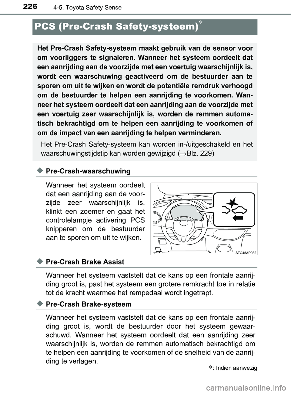 TOYOTA YARIS 2017 Instructieboekje (in Dutch) 2264-5. Toyota Safety Sense
YARIS_F_OM_Europe_OM52J20E
PCS (Pre-Crash Safety-systeem)∗
◆Pre-Crash-waarschuwing
Wanneer het systeem oordeelt
dat een aanrijding aan de voor-
zijde zeer waarschi TOYOTA YARIS 2017 Instructieboekje (in Dutch) 2264-5. Toyota Safety Sense
YARIS_F_OM_Europe_OM52J20E
PCS (Pre-Crash Safety-systeem)∗
◆Pre-Crash-waarschuwing
Wanneer het systeem oordeelt
dat een aanrijding aan de voor-
zijde zeer waarschi