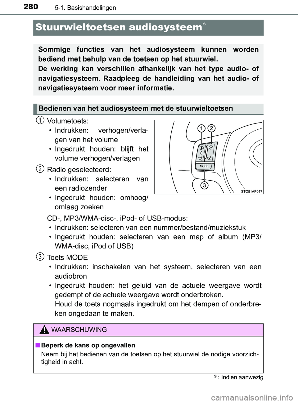 TOYOTA YARIS 2017 Instructieboekje (in Dutch) 2805-1. Basishandelingen
YARIS_F_OM_Europe_OM52J20E
Stuurwieltoetsen audiosysteem∗
Vo l u m e t o e ts :
• Indrukken: verhogen/verla-
gen van het volume
• Ingedrukt houden: blijft het
volume TOYOTA YARIS 2017 Instructieboekje (in Dutch) 2805-1. Basishandelingen
YARIS_F_OM_Europe_OM52J20E
Stuurwieltoetsen audiosysteem∗
Vo l u m e t o e ts :
• Indrukken: verhogen/verla-
gen van het volume
• Ingedrukt houden: blijft het
volume