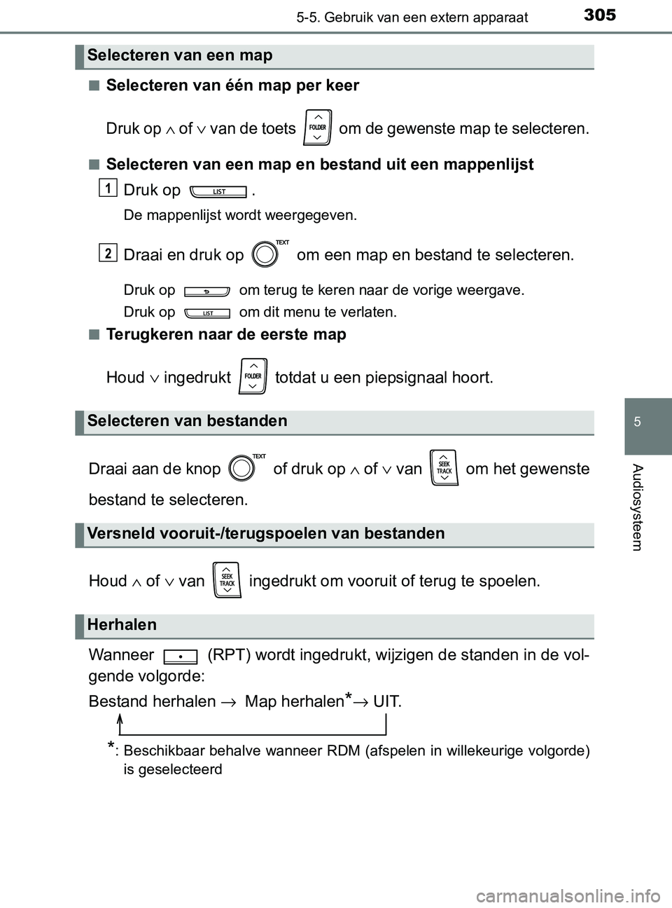 TOYOTA YARIS 2017 Instructieboekje (in Dutch) 3055-5. Gebruik van een extern apparaat
5
Audiosysteem
YARIS_F_OM_Europe_OM52J20E■
Selecteren van één map per keer
Druk op ∧ of ∨ van de toets om de gewenste map te selecteren.
■Selecteren TOYOTA YARIS 2017 Instructieboekje (in Dutch) 3055-5. Gebruik van een extern apparaat
5
Audiosysteem
YARIS_F_OM_Europe_OM52J20E■
Selecteren van één map per keer
Druk op ∧ of ∨ van de toets om de gewenste map te selecteren.
■Selecteren