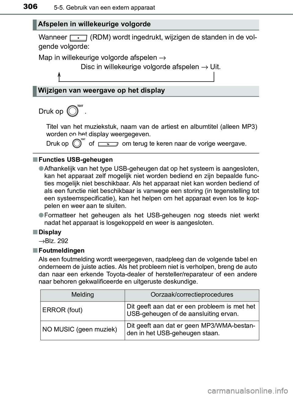 TOYOTA YARIS 2017 Instructieboekje (in Dutch) 3065-5. Gebruik van een extern apparaat
YARIS_F_OM_Europe_OM52J20E
Wanneer (RDM) wordt ingedrukt, wijzigen de standen in de vol-
gende volgorde:
Map in willekeurige volgorde afspelen →
Disc in wi TOYOTA YARIS 2017 Instructieboekje (in Dutch) 3065-5. Gebruik van een extern apparaat
YARIS_F_OM_Europe_OM52J20E
Wanneer (RDM) wordt ingedrukt, wijzigen de standen in de vol-
gende volgorde:
Map in willekeurige volgorde afspelen →
Disc in wi