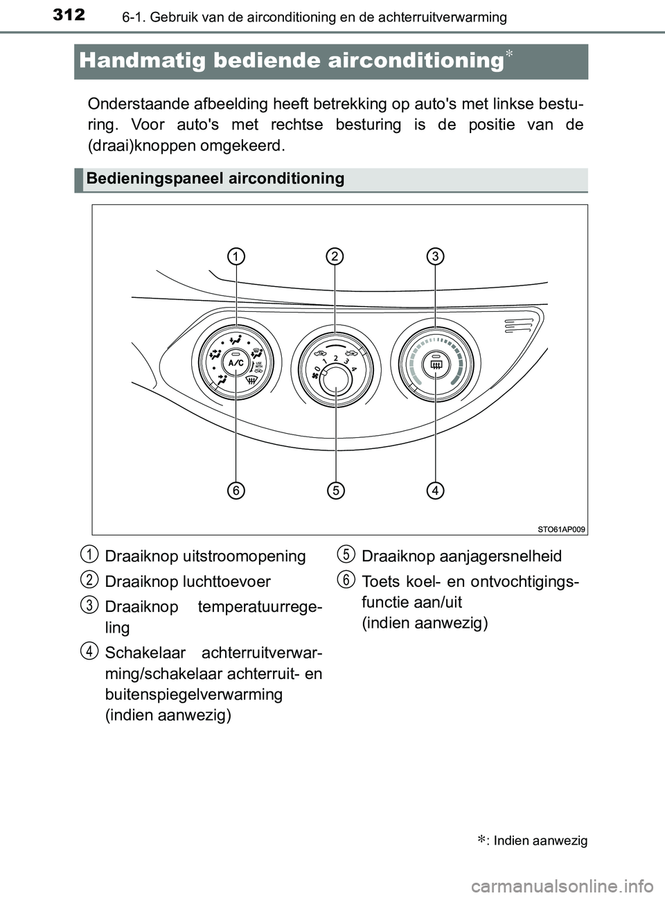 TOYOTA YARIS 2017 Instructieboekje (in Dutch) 3126-1. Gebruik van de airconditioning en de achterruitverwarming
YARIS_F_OM_Europe_OM52J20E
Handmatig bediende airconditioning∗
Onderstaande afbeelding heeft betrekking op auto's met linkse bes TOYOTA YARIS 2017 Instructieboekje (in Dutch) 3126-1. Gebruik van de airconditioning en de achterruitverwarming
YARIS_F_OM_Europe_OM52J20E
Handmatig bediende airconditioning∗
Onderstaande afbeelding heeft betrekking op auto's met linkse bes
