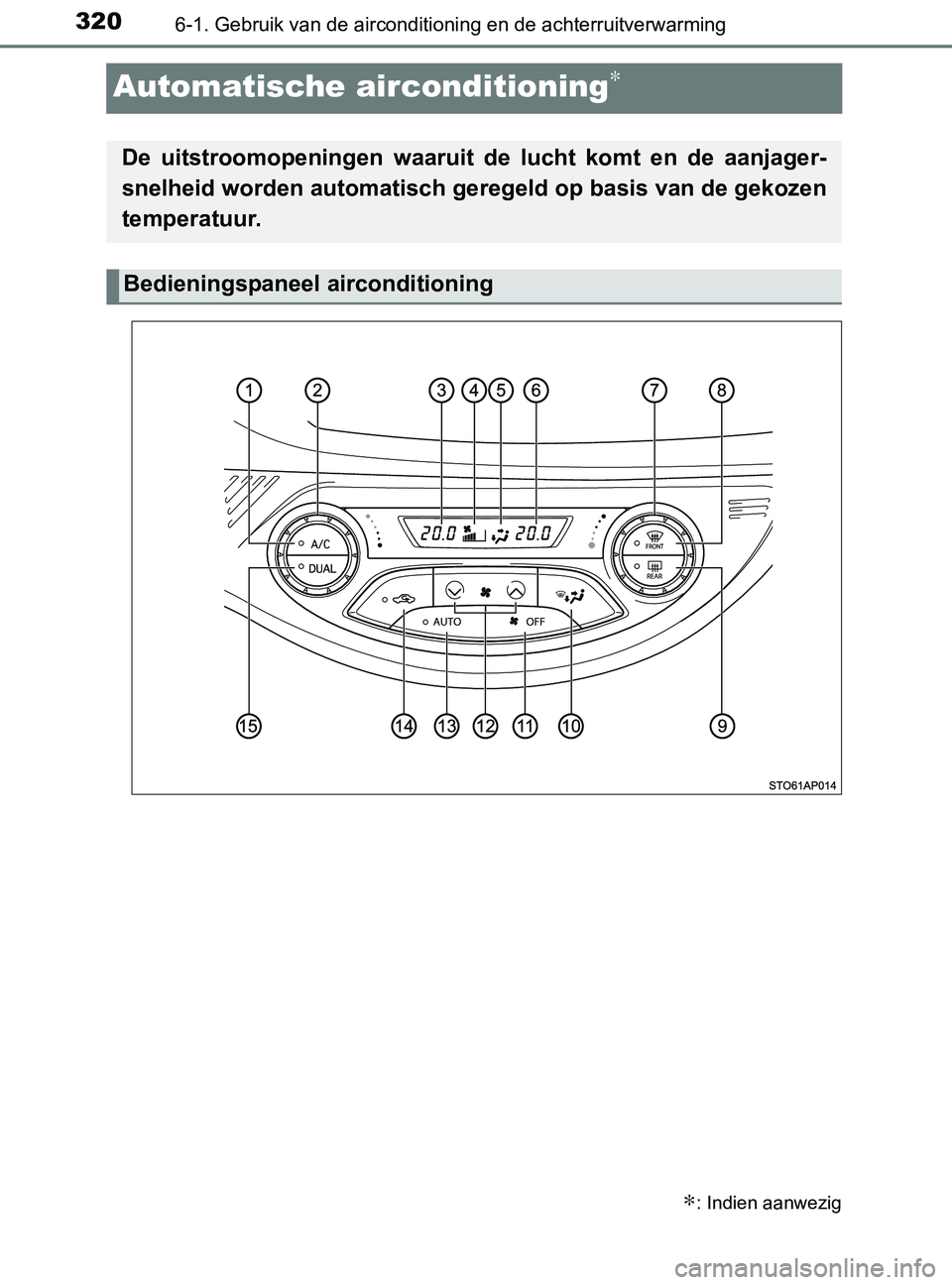 TOYOTA YARIS 2017 Instructieboekje (in Dutch) 3206-1. Gebruik van de airconditioning en de achterruitverwarming
YARIS_F_OM_Europe_OM52J20E
Automatische airconditioning∗
∗: Indien aanwezig
De uitstroomopeningen waaruit de lucht komt en d TOYOTA YARIS 2017 Instructieboekje (in Dutch) 3206-1. Gebruik van de airconditioning en de achterruitverwarming
YARIS_F_OM_Europe_OM52J20E
Automatische airconditioning∗
∗: Indien aanwezig
De uitstroomopeningen waaruit de lucht komt en d