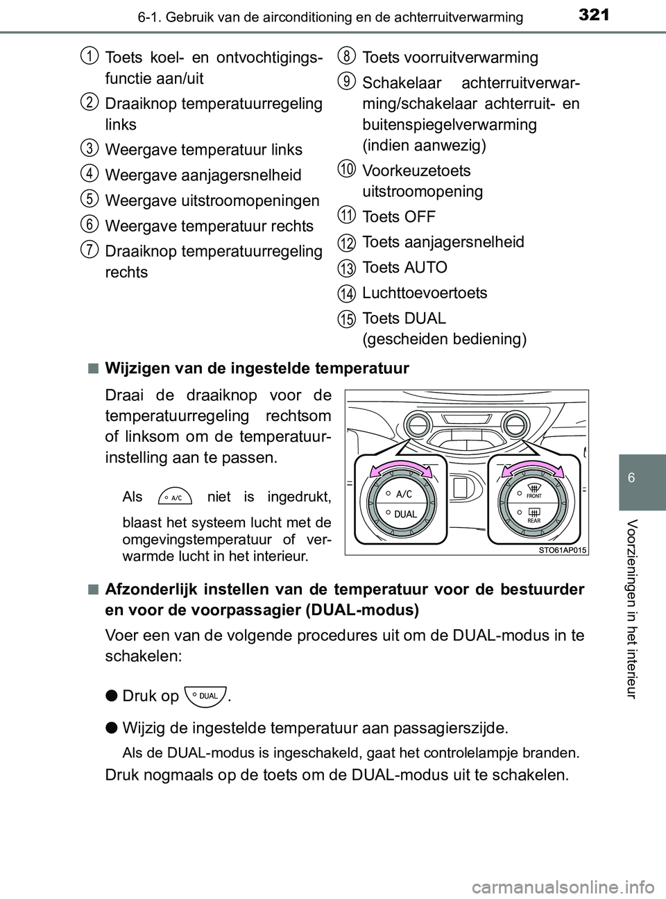 TOYOTA YARIS 2017 Instructieboekje (in Dutch) 3216-1. Gebruik van de airconditioning en de achterruitverwarming
6
Voorzieningen in het interieur
YARIS_F_OM_Europe_OM52J20E■
Wijzigen van de ingestelde temperatuur
Draai de draaiknop voor de
t TOYOTA YARIS 2017 Instructieboekje (in Dutch) 3216-1. Gebruik van de airconditioning en de achterruitverwarming
6
Voorzieningen in het interieur
YARIS_F_OM_Europe_OM52J20E■
Wijzigen van de ingestelde temperatuur
Draai de draaiknop voor de
t