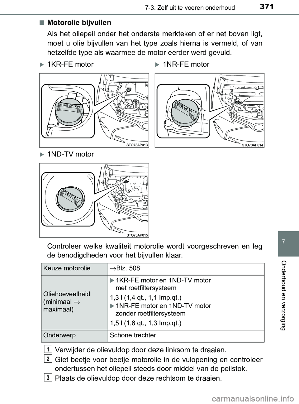 TOYOTA YARIS 2017 Instructieboekje (in Dutch) 3717-3. Zelf uit te voeren onderhoud
7
Onderhoud en verzorging
YARIS_F_OM_Europe_OM52J20E■
Motorolie bijvullen
Als het oliepeil onder het onderste merkteken of er net boven ligt,
moet u TOYOTA YARIS 2017 Instructieboekje (in Dutch) 3717-3. Zelf uit te voeren onderhoud
7
Onderhoud en verzorging
YARIS_F_OM_Europe_OM52J20E■
Motorolie bijvullen
Als het oliepeil onder het onderste merkteken of er net boven ligt,
moet u