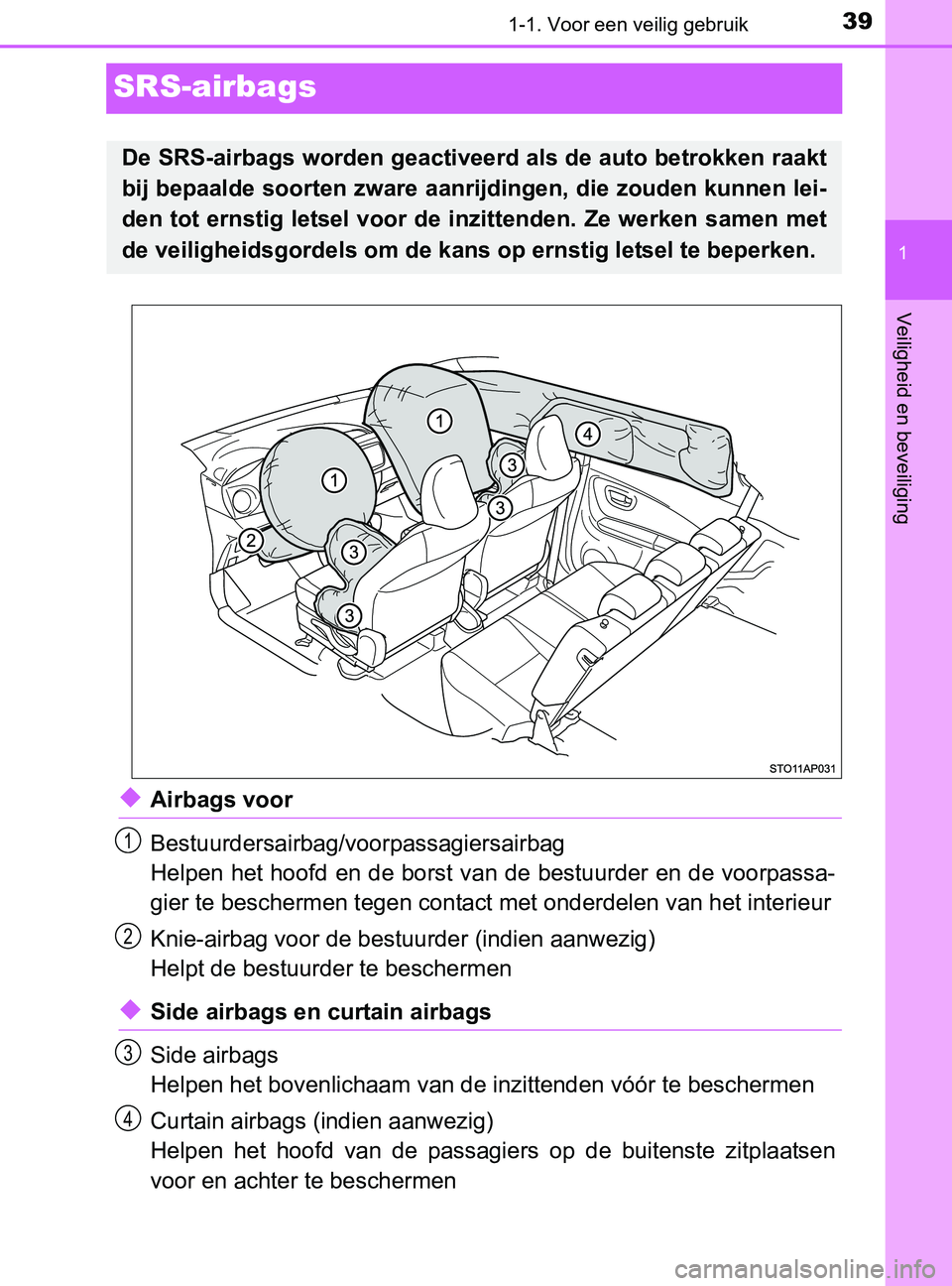 TOYOTA YARIS 2017 Instructieboekje (in Dutch) 391-1. Voor een veilig gebruik
1
Veiligheid en beveiliging
YARIS_F_OM_Europe_OM52J20E
SRS-airbags
◆Airbags voor
Bestuurdersairbag/voorpassagiersairbag
Helpen het hoofd en de borst van de bestuurder TOYOTA YARIS 2017 Instructieboekje (in Dutch) 391-1. Voor een veilig gebruik
1
Veiligheid en beveiliging
YARIS_F_OM_Europe_OM52J20E
SRS-airbags
◆Airbags voor
Bestuurdersairbag/voorpassagiersairbag
Helpen het hoofd en de borst van de bestuurder