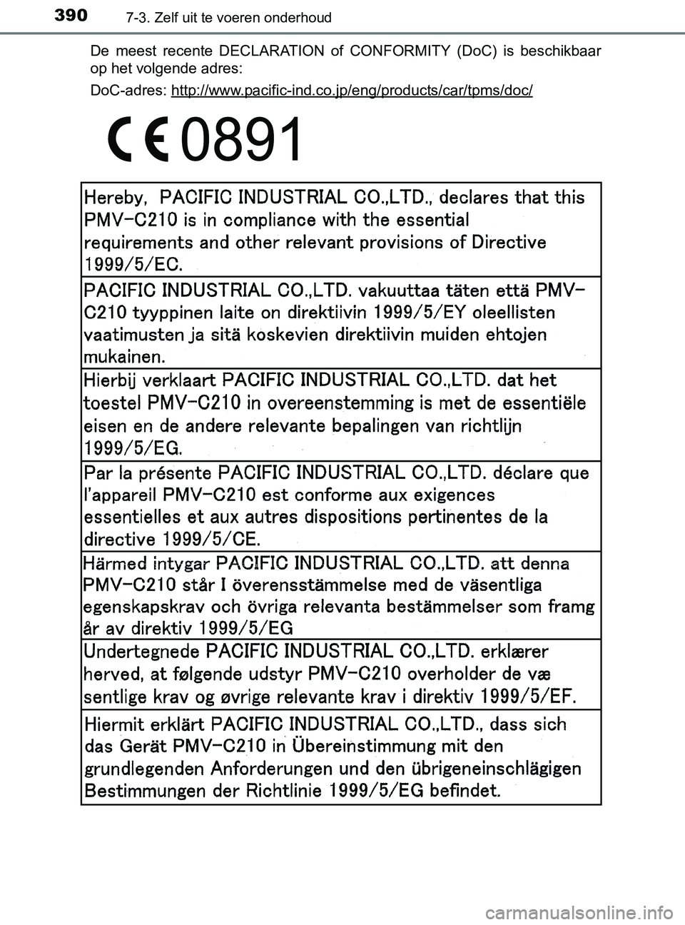 TOYOTA YARIS 2017 Instructieboekje (in Dutch) 3907-3. Zelf uit te voeren onderhoud
YARIS_F_OM_Europe_OM52J20EDe meest recente DECLARATION of CONFORMITY (DoC) is beschikbaar
op het volgende adres:
DoC-adres: http://www.pacific-ind.co.jp/en TOYOTA YARIS 2017 Instructieboekje (in Dutch) 3907-3. Zelf uit te voeren onderhoud
YARIS_F_OM_Europe_OM52J20EDe meest recente DECLARATION of CONFORMITY (DoC) is beschikbaar
op het volgende adres:
DoC-adres: http://www.pacific-ind.co.jp/en
