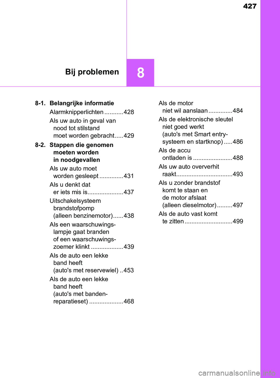 TOYOTA YARIS 2017 Instructieboekje (in Dutch) 427
8Bij problemen
YARIS_F_OM_Europe_OM52J20E8-1. Belangrijke informatie
Alarmknipperlichten ........... 428
Als uw auto in geval van
nood tot stilstand
moet worden gebracht ..... 429
8-2. Stappen d TOYOTA YARIS 2017 Instructieboekje (in Dutch) 427
8Bij problemen
YARIS_F_OM_Europe_OM52J20E8-1. Belangrijke informatie
Alarmknipperlichten ........... 428
Als uw auto in geval van
nood tot stilstand
moet worden gebracht ..... 429
8-2. Stappen d