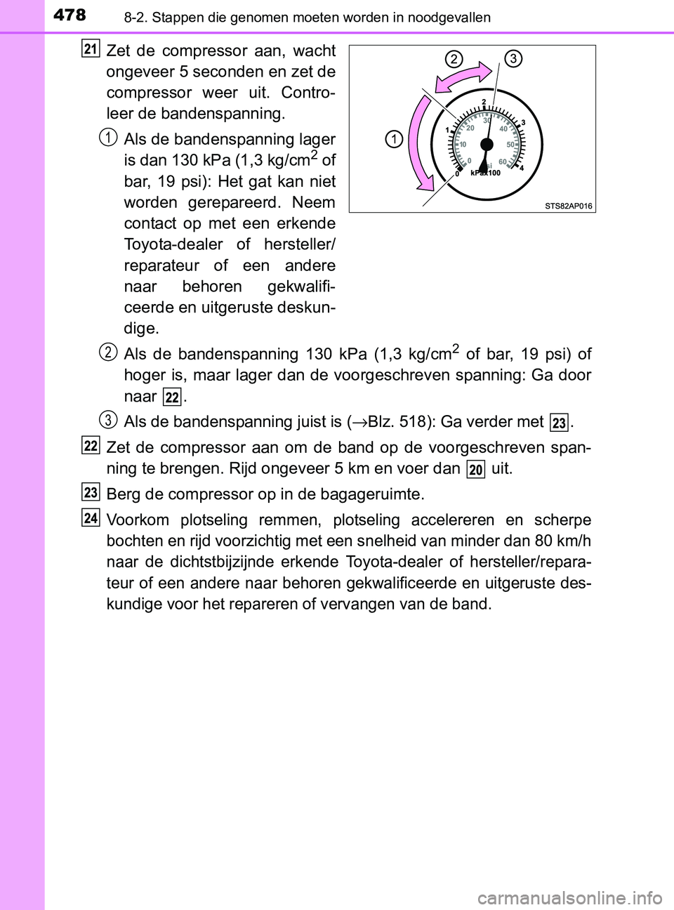 TOYOTA YARIS 2017 Instructieboekje (in Dutch) 4788-2. Stappen die genomen moeten worden in noodgevallen
YARIS_F_OM_Europe_OM52J20E
Zet de compressor aan, wacht
ongeveer 5 seconden en zet de
compressor weer uit. Contro-
leer de bandenspanni TOYOTA YARIS 2017 Instructieboekje (in Dutch) 4788-2. Stappen die genomen moeten worden in noodgevallen
YARIS_F_OM_Europe_OM52J20E
Zet de compressor aan, wacht
ongeveer 5 seconden en zet de
compressor weer uit. Contro-
leer de bandenspanni