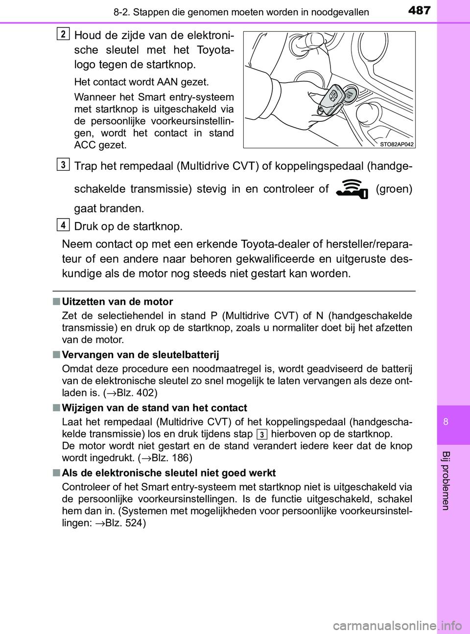 TOYOTA YARIS 2017 Instructieboekje (in Dutch) 4878-2. Stappen die genomen moeten worden in noodgevallen
8
Bij problemen
YARIS_F_OM_Europe_OM52J20E
Houd de zijde van de elektroni-
sche sleutel met het Toyota-
logo tegen de startknop.
Het con TOYOTA YARIS 2017 Instructieboekje (in Dutch) 4878-2. Stappen die genomen moeten worden in noodgevallen
8
Bij problemen
YARIS_F_OM_Europe_OM52J20E
Houd de zijde van de elektroni-
sche sleutel met het Toyota-
logo tegen de startknop.
Het con