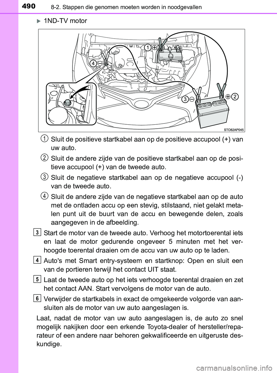 TOYOTA YARIS 2017 Instructieboekje (in Dutch) 4908-2. Stappen die genomen moeten worden in noodgevallen
YARIS_F_OM_Europe_OM52J20E
1ND-TV motor
Sluit de positieve startkabel aan op de positieve accupool (+) van
uw auto.
Sluit de andere zijde v TOYOTA YARIS 2017 Instructieboekje (in Dutch) 4908-2. Stappen die genomen moeten worden in noodgevallen
YARIS_F_OM_Europe_OM52J20E
1ND-TV motor
Sluit de positieve startkabel aan op de positieve accupool (+) van
uw auto.
Sluit de andere zijde v