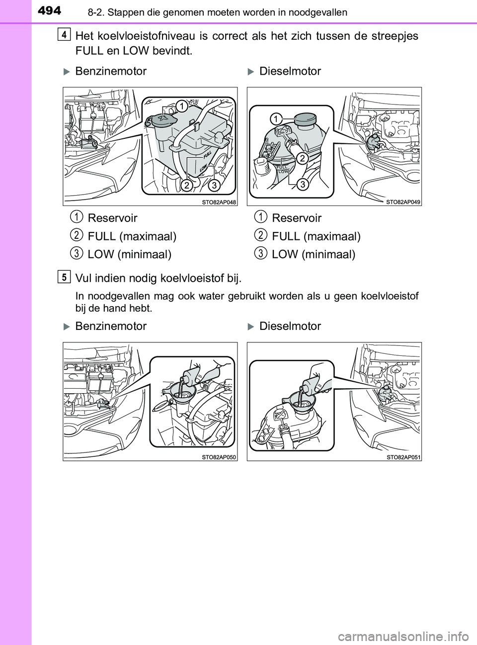TOYOTA YARIS 2017 Instructieboekje (in Dutch) 4948-2. Stappen die genomen moeten worden in noodgevallen
YARIS_F_OM_Europe_OM52J20E
Het koelvloeistofniveau is correct als het zich tussen de streepjes
FULL en LOW bevindt.
Vul indien nodig TOYOTA YARIS 2017 Instructieboekje (in Dutch) 4948-2. Stappen die genomen moeten worden in noodgevallen
YARIS_F_OM_Europe_OM52J20E
Het koelvloeistofniveau is correct als het zich tussen de streepjes
FULL en LOW bevindt.
Vul indien nodig