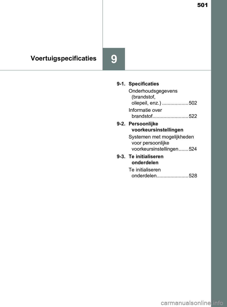 TOYOTA YARIS 2017 Instructieboekje (in Dutch) 501
9Voertuigspecificaties
YARIS_F_OM_Europe_OM52J20E9-1. Specificaties
Onderhoudsgegevens
(brandstof,
oliepeil, enz.) ................... 502
Informatie over
brandstof.......................... 52 TOYOTA YARIS 2017 Instructieboekje (in Dutch) 501
9Voertuigspecificaties
YARIS_F_OM_Europe_OM52J20E9-1. Specificaties
Onderhoudsgegevens
(brandstof,
oliepeil, enz.) ................... 502
Informatie over
brandstof.......................... 52