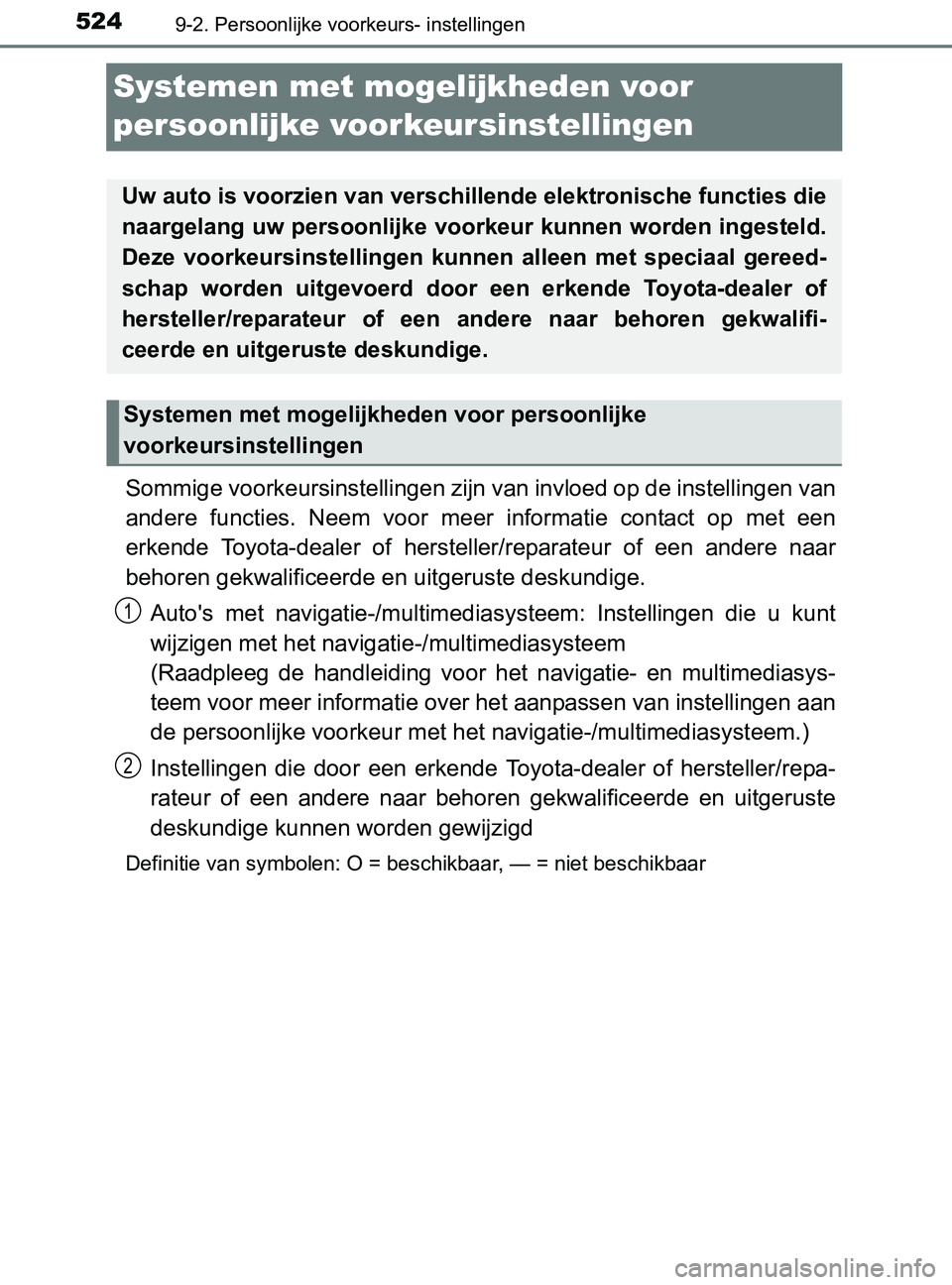 TOYOTA YARIS 2017 Instructieboekje (in Dutch) 5249-2. Persoonlijke voorkeurs- instellingen
YARIS_F_OM_Europe_OM52J20E
Systemen met mogelijkheden voor
persoonlijke voorkeursinstellingen
Sommige voorkeursinstellingen zijn van invloed op de instell TOYOTA YARIS 2017 Instructieboekje (in Dutch) 5249-2. Persoonlijke voorkeurs- instellingen
YARIS_F_OM_Europe_OM52J20E
Systemen met mogelijkheden voor
persoonlijke voorkeursinstellingen
Sommige voorkeursinstellingen zijn van invloed op de instell