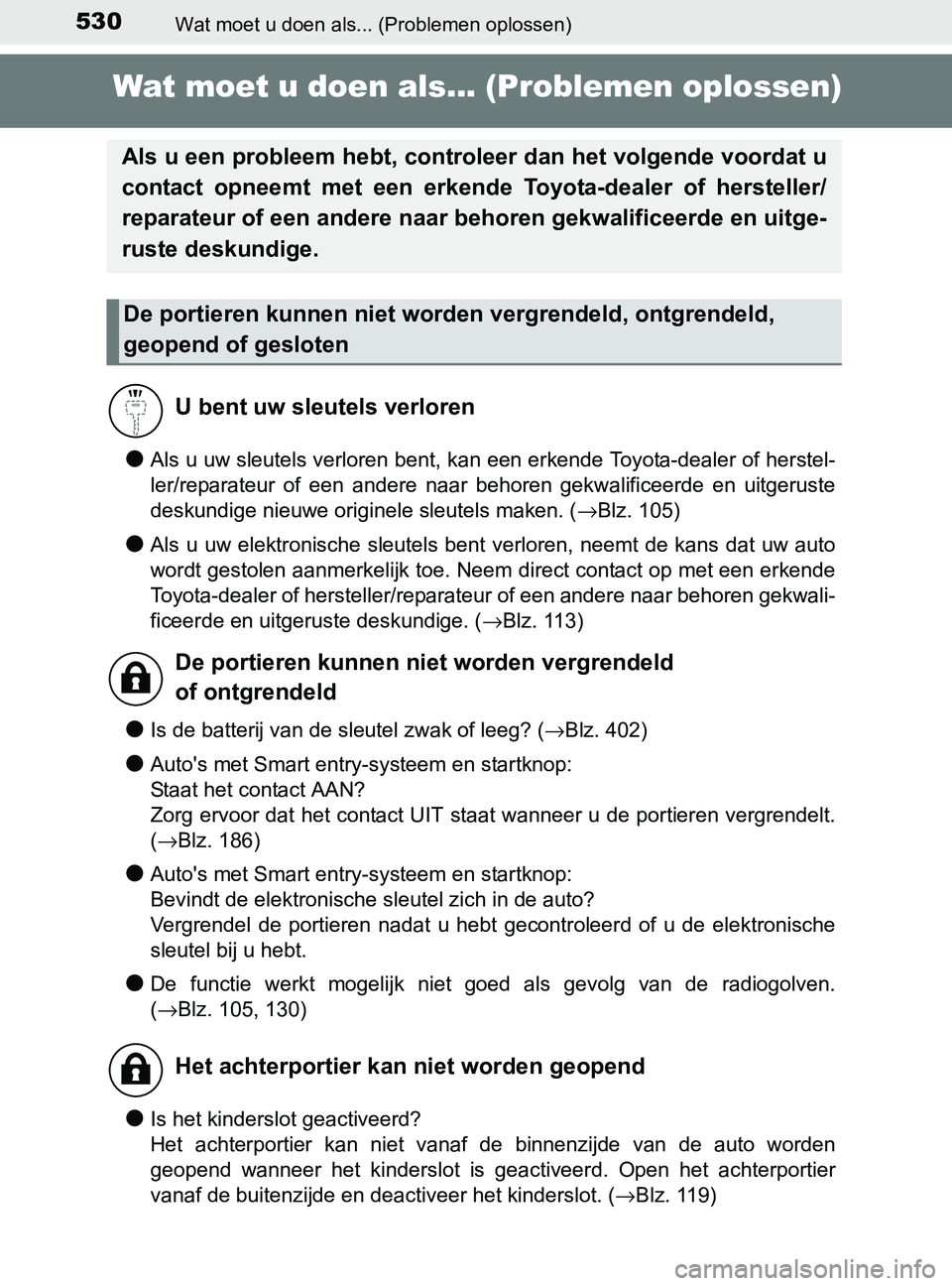 TOYOTA YARIS 2017 Instructieboekje (in Dutch) 530Wat moet u doen als... (Problemen oplossen)
YARIS_F_OM_Europe_OM52J20E
Wat moet u doen als... (Problemen oplossen)
●Als u uw sleutels verloren bent, kan een erkende Toyota-dealer of herstel-
ler/ TOYOTA YARIS 2017 Instructieboekje (in Dutch) 530Wat moet u doen als... (Problemen oplossen)
YARIS_F_OM_Europe_OM52J20E
Wat moet u doen als... (Problemen oplossen)
●Als u uw sleutels verloren bent, kan een erkende Toyota-dealer of herstel-
ler/