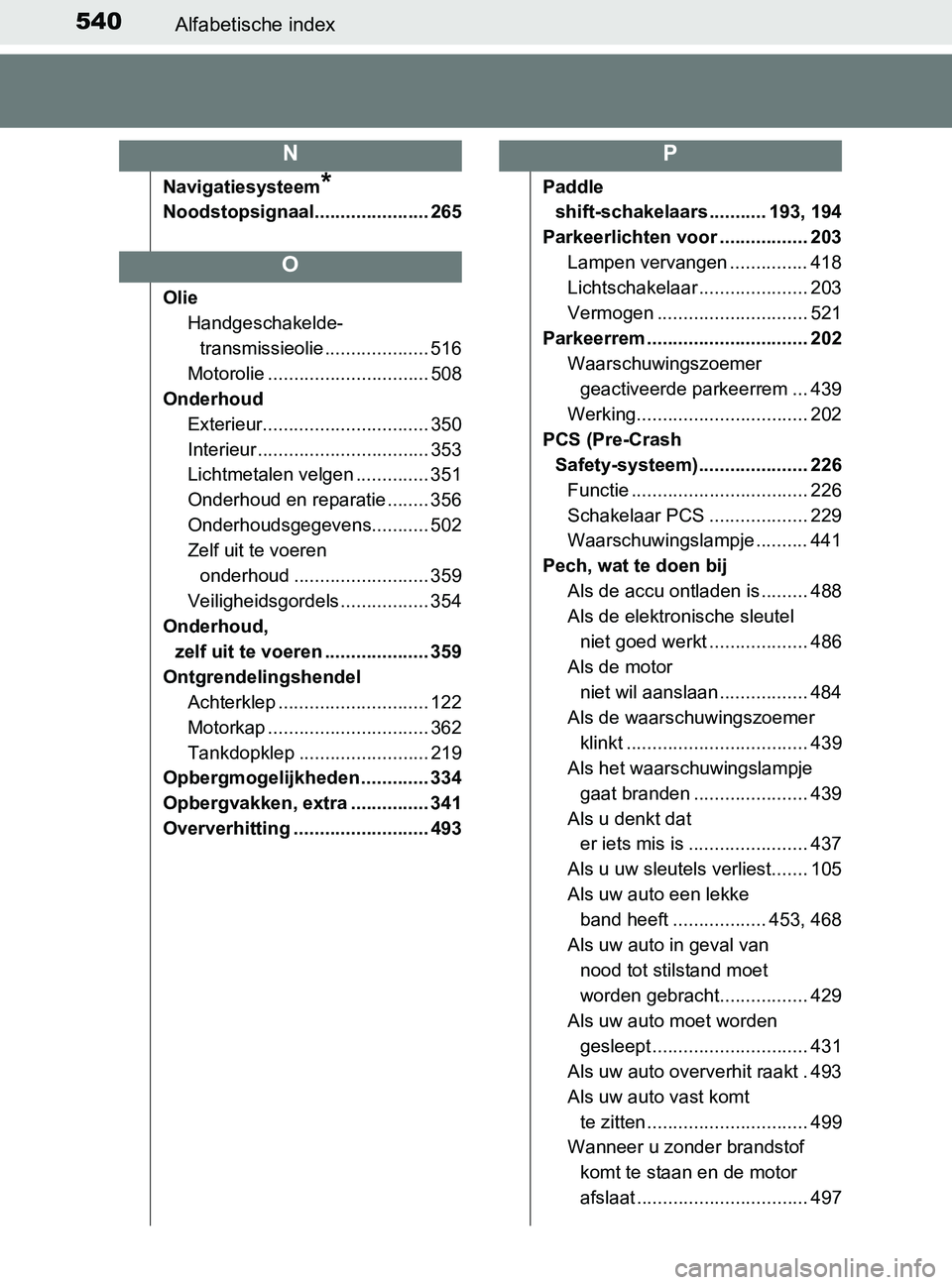 TOYOTA YARIS 2017 Instructieboekje (in Dutch) 540Alfabetische index
YARIS_F_OM_Europe_OM52J20E
Navigatiesysteem*
Noodstopsignaal...................... 265
Olie
Handgeschakelde-
transmissieolie .................... 516
Motorolie .................. TOYOTA YARIS 2017 Instructieboekje (in Dutch) 540Alfabetische index
YARIS_F_OM_Europe_OM52J20E
Navigatiesysteem*
Noodstopsignaal...................... 265
Olie
Handgeschakelde-
transmissieolie .................... 516
Motorolie ..................