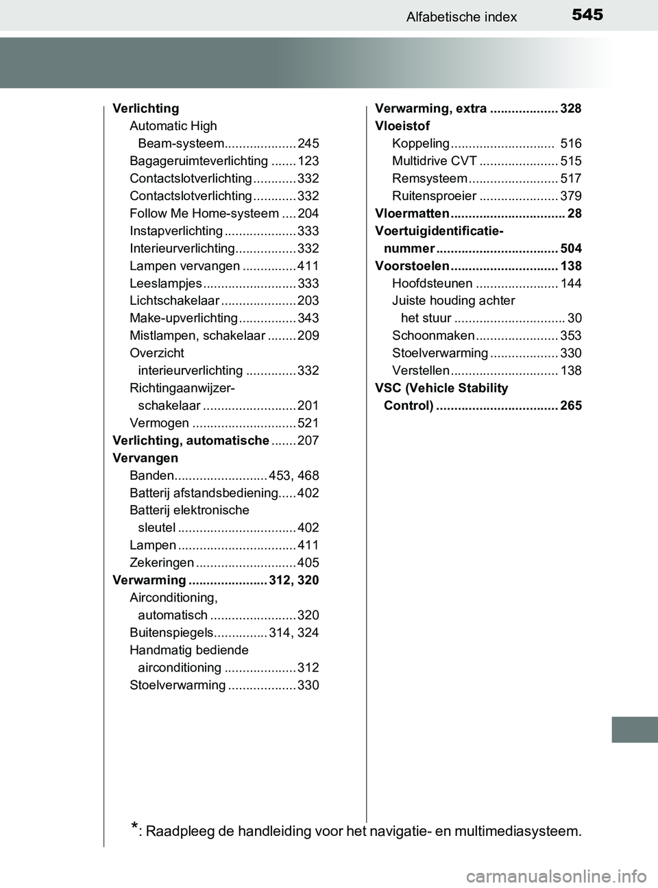 TOYOTA YARIS 2017  Instructieboekje (in Dutch) 545Alfabetische index
YARIS_F_OM_Europe_OM52J20E
Verlichting
Automatic High 
Beam-systeem.................... 245
Bagageruimteverlichting ....... 123
Contactslotverlichting ............ 332
Contactslo